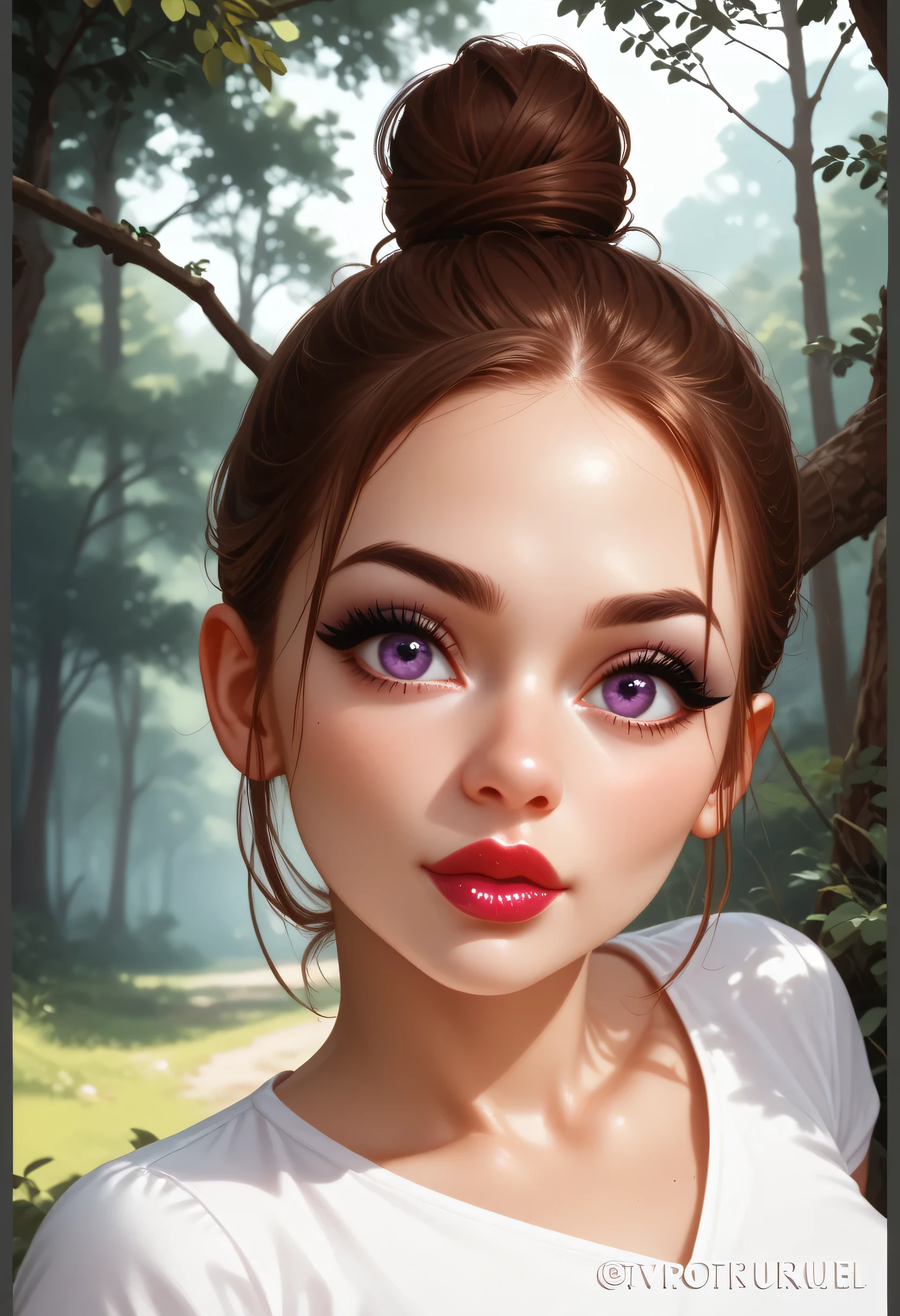 forest, 1girl, (perfect face:1.1), bun top knot hair, brown hair, black eyebrows, thin eyebrows, black eyeliner, big eyes, purple eyes, pink rouge, bright red lips, thick lips, v-neck shirt, white v-neck shirt, medium breasts, (female african, colored skin, light brown skin)