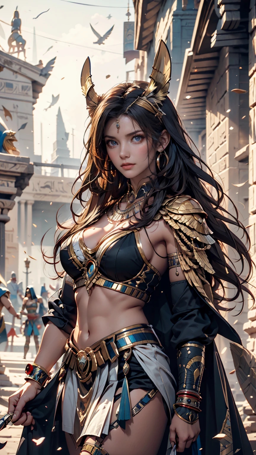 high details, best quality, 8k, [ultra detailed], masterpiece, best quality, (extremely detailed), dynamic angle, ultra wide shot, RAW, photorealistic, fantasy art, dnd art, rpg art, realistic art, a wide angle picture of a female human druid and her eagle (1.4 intricate details, Masterpiece, best quality), cleric of nature, priest of nature, full body, [[anatomically correct]]. dynamic position (1.5 intricate details, Masterpiece, best quality) flying gold eagle (1.6 intricate details, Masterpiece, best quality) in desert background (1.5 intricate details, Masterpiece, best quality), a female  wearing leather clothes, desert clothing (1.4 intricate details, Masterpiece, best quality), leather boots, thick hair, long hair, dynamic hair, tan skin intense eyes, desert background (intense details), an oasis in the background (1.4 intricate details, Masterpiece, best quality), dawn light, (1.4 intricate details, Masterpiece, best quality), dynamic angle, (1.4 intricate details, Masterpiece, best quality) 3D rendering, high details, best quality, highres, ultra wide angle