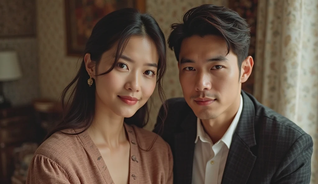 A 30-year-old prosecutor, ember, Korean Man, thick black hair, black suit, white shirt, black pant. A 26-year-old girl next to her, reporter, Long dark brown hair, Dark jeans, white shirt, Women's Dark Jacket, Heeled boots. Standing next to a friend