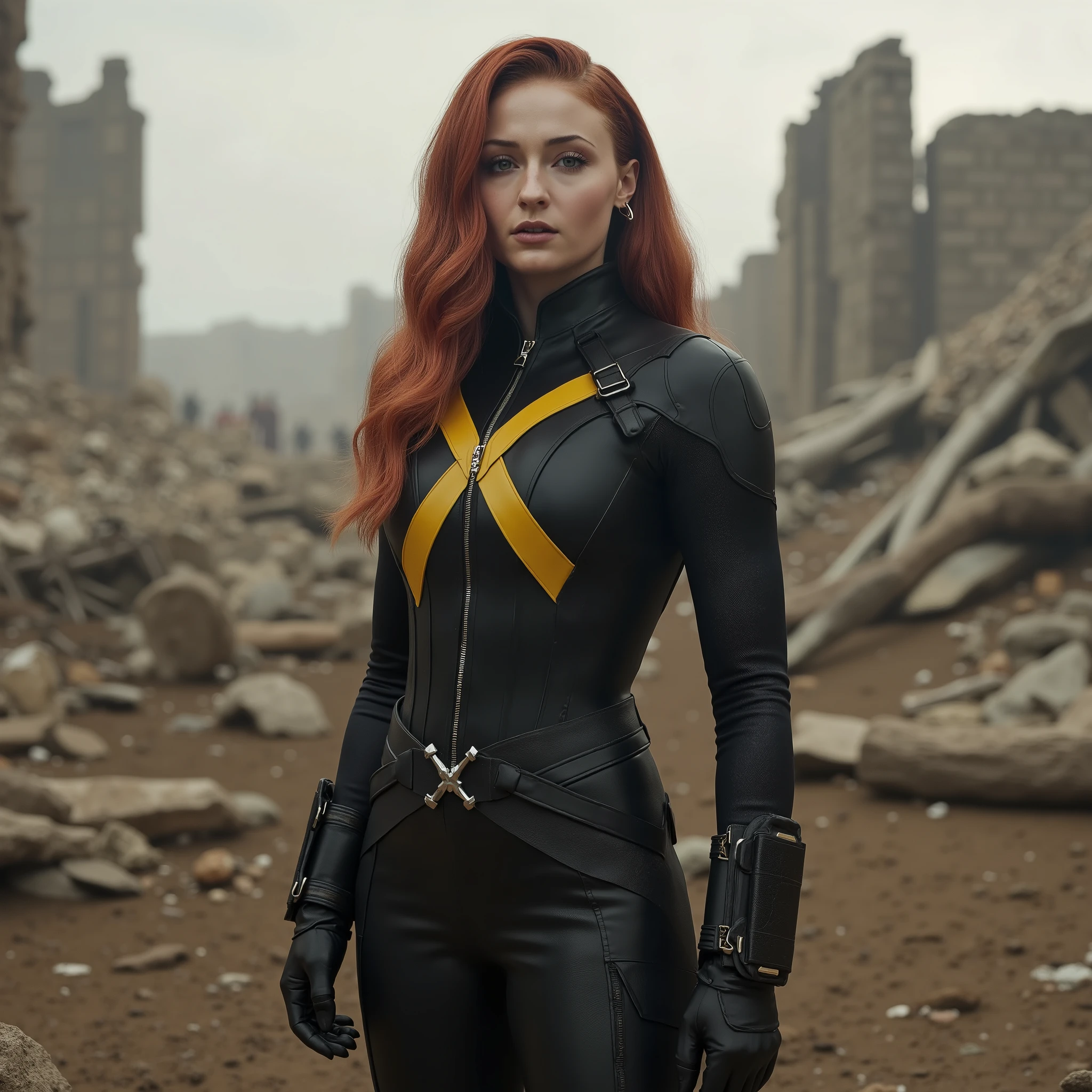 A high-quality, 3D-rendered, image of Sophie Turner as Jean Grey on a destructed battlefield. She is wearing her iconic yellow 'X'- symbol on Black X-men leather Costume, which is slightly more exposed in design, highlighting a her glamorous look. movie scene, upper body shot. ancient ruin far behind her.
