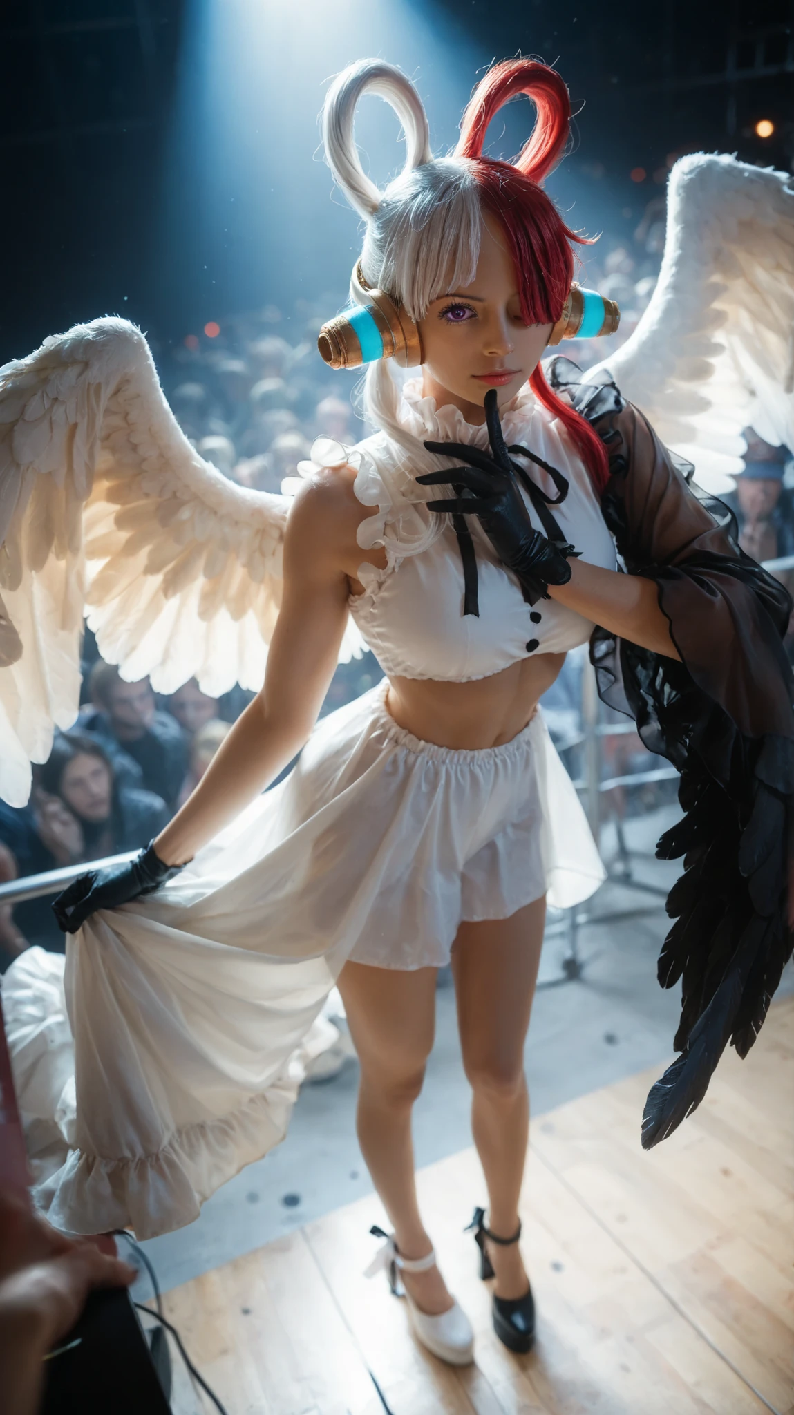 best quality, masterpiece, 1 girl, Uta from One Piece, on a concert stage at night, serious and sexy expression, one hand raised above her head, other hand covering one eye in a dynamic V shape, long pigtails with half red half white hair, golden headphones, one eye covered by bangs, glowing purple eyes, wearing a white angelic dress with frilled shoulders, black ribbon bow, dark gloves, and large white feathered wings, standing confidently, backlit with glowing red neon runes, magical symbols floating, atmospheric fog, high contrast lighting, anime style, dramatic shadows, spotlight from above, cinematic mood, full body, strong focus on hands, wings and face, Asian, cute, beautiful, (), double hair, red hair, white hair, half red hair half white hair, toned stomach,