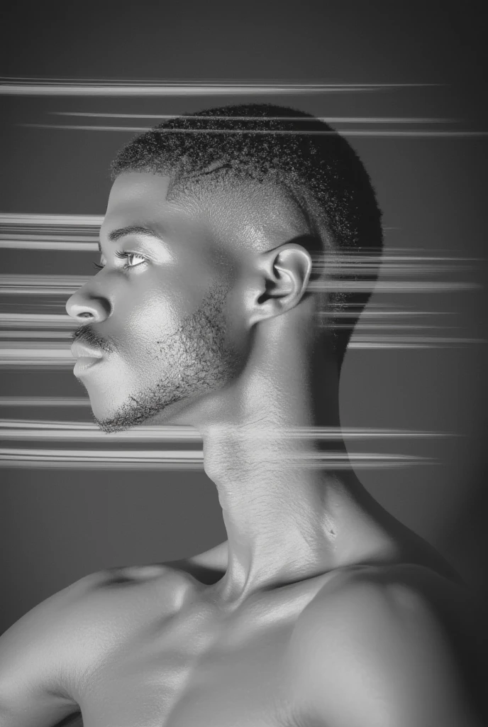 Create a tasteful, fine art photo composition with a highly attractive hunk of random race. The subject should be in a pose that highlights their forms and muscles, within a black and white op art composition that confuses the viewer's perception. The image should have a balance between elegance and sensuality, using colors and patterns that add depth and visual complexity. Incorporate elements like dramatic shadows, subtle highlights and varied textures to enrich the composition. Add details like artistic tattoos or understated jewelry that complement the subject's aesthetic. The background should include geometric patterns and lines that play with perspective, creating an optical illusion that attracts and holds the viewer's attention.