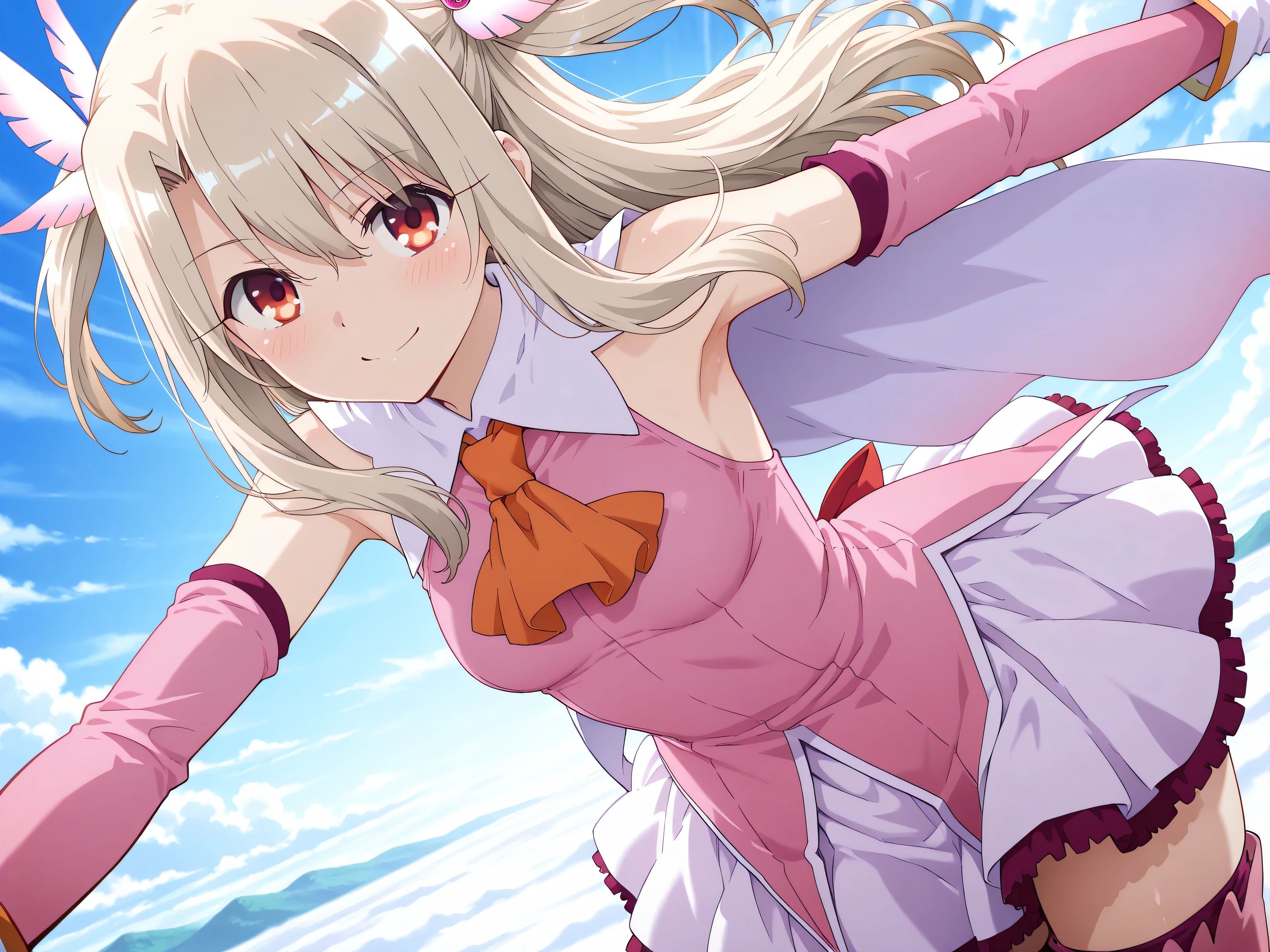 best quality, masterpiece, Super detailed,High resolution,Extremely detailed CG,1girl,illyasviel von einzbern, long hair, blonde hair, two side up, hair ornament, red eyes, bare shoulders, magical girl, cape, orange ascot, pink shirt, sleeveless, detached sleeves, white gloves, white skirt, pink thighhighs,lie on own back、medium breasts,smile