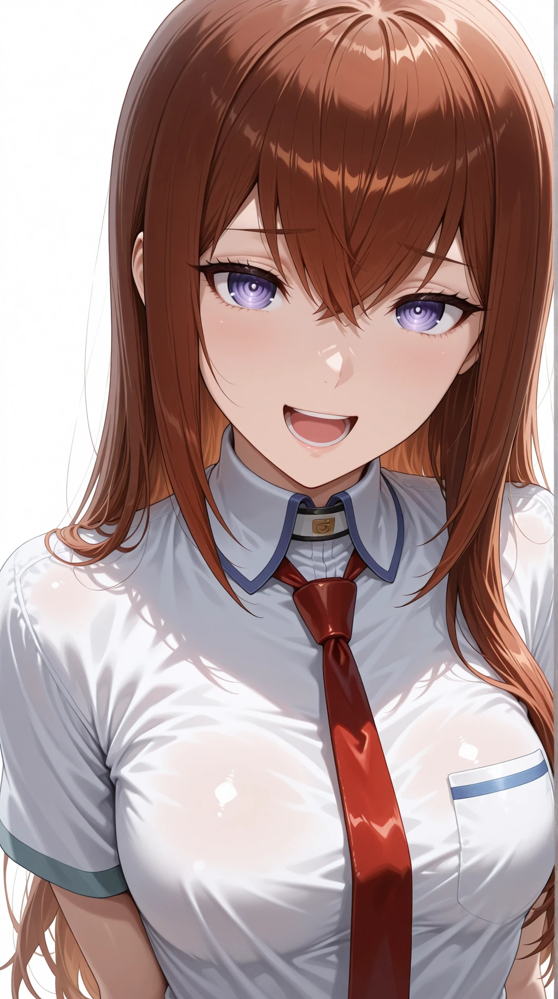 (masterpiece), best quality, expressive eyes, perfect face, solo, a secretary, ((gradient dark brown hair to pink 40%)), long hair, hime cut, blunt bangs, blue eyes, wide open surprised eyes, cheeky smile, closed mouth, white shirt, shot from below, pointing viewer, low_angle_human, theater scenery, brown hair pink gradient hair, black bow