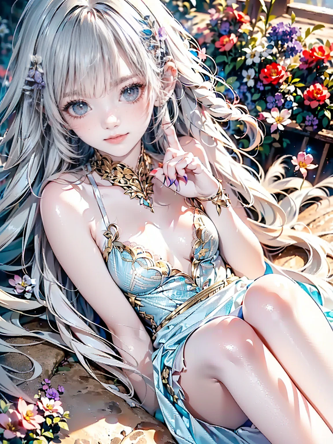 (masterpiece, Highest quality:1.3), (Super detailed:1.4),(Super detailed顔:1.2),(Super detailed目:1.2), (hyperRealistic:1.3), (RAW Photos:1.2), High-definition RAW color photos, Professional photos, (PhotoRealistic:1.4), (Realistic:1.4),8k,Professional Lighting, Perfect Anatomy, BREAK,small breasts,(blush),(Bright smile:1.2), High detail, Sharp focus, dramatic,dutch angle,Medieval Princess,Inside the temple,gem,ring,necklace,Blue Dress,crystal,Silver hair colour,blue eyes,sitting