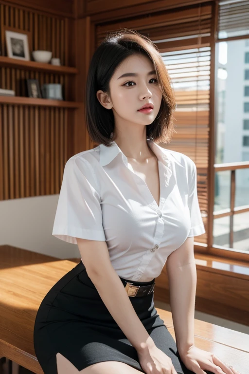 Close up,1 girl{{A beautiful woman wearing a white short-sleeved shirt and a short black pencil skirt}} , striking a sexy pose. with several lecture tables set up behind it There is a sliding glass window. There was evening light streaming into the room.