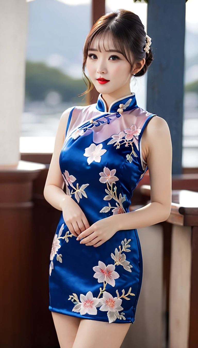 8K, table top, Raw photo, highest quality, realistic, Highly detailed CG Unity 8K wallpaper, Depth of the bounds written, cinematic light, Lens flare, ray tracing, (very beautiful face, beautiful lips, beautiful eyes), face with intricate details, ((highly detailed skin)) 1 girl, in the dark, deep shadow, cute korean girl, K-POPアイドル, 1 girl, (very slim and slender fit muscular body:1.3), ((looking at the viewer)), (big smile:1.3), (fashion city night street), (dark night), (quiet night street), (blurred background), beautiful earrings, bracelet, pantyhose, clear eyes, walk, (pale skin), (Big eyes), look forward, (brown hair), (full body shot), ((silk cheongsam dress:1.3)), ((tight fit dress)), , (looking at the viewer:1.3) open chest, very slim, small nice tit, focusing, front of eyebrows,(tight dress), thick thighs,frameless glasses,beautiful ponytail