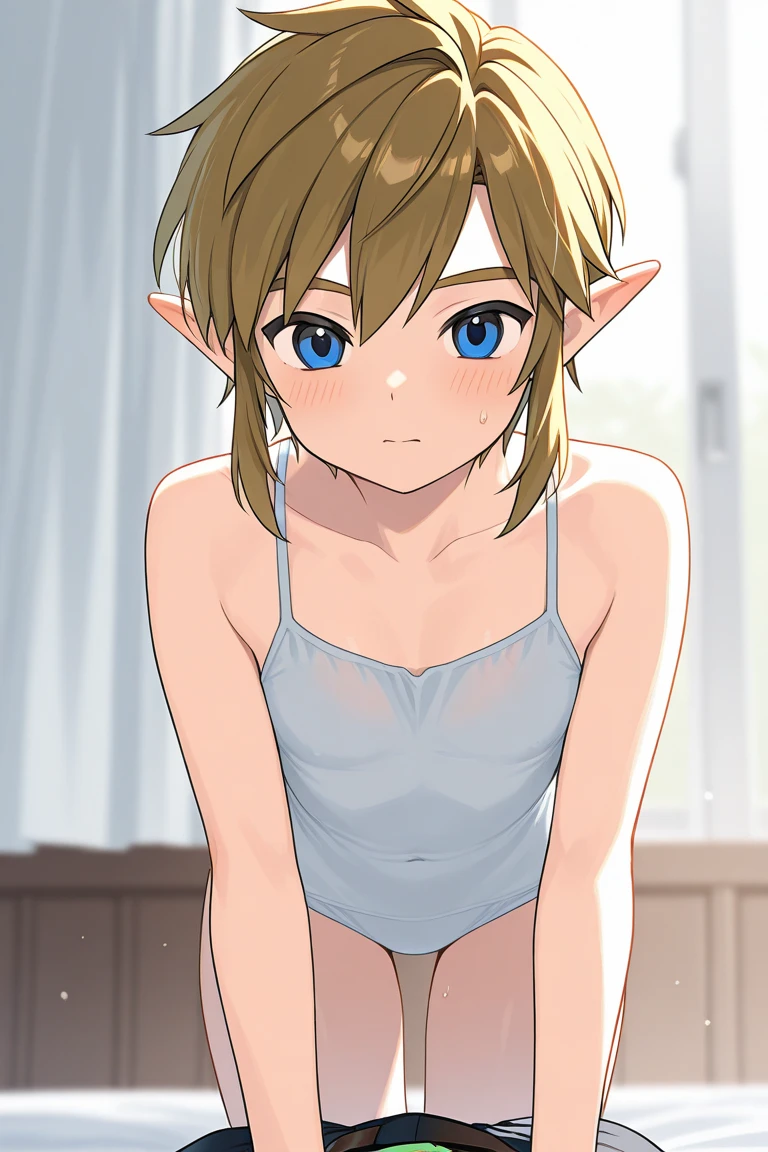 ((masterpiece,best quality)), zelda\(princess\), 1girl, solo, breasts,short hair, wearing bra and tight panties,portrait,looking at viewer,smile,8k wallpaper, on bed, getting undressed