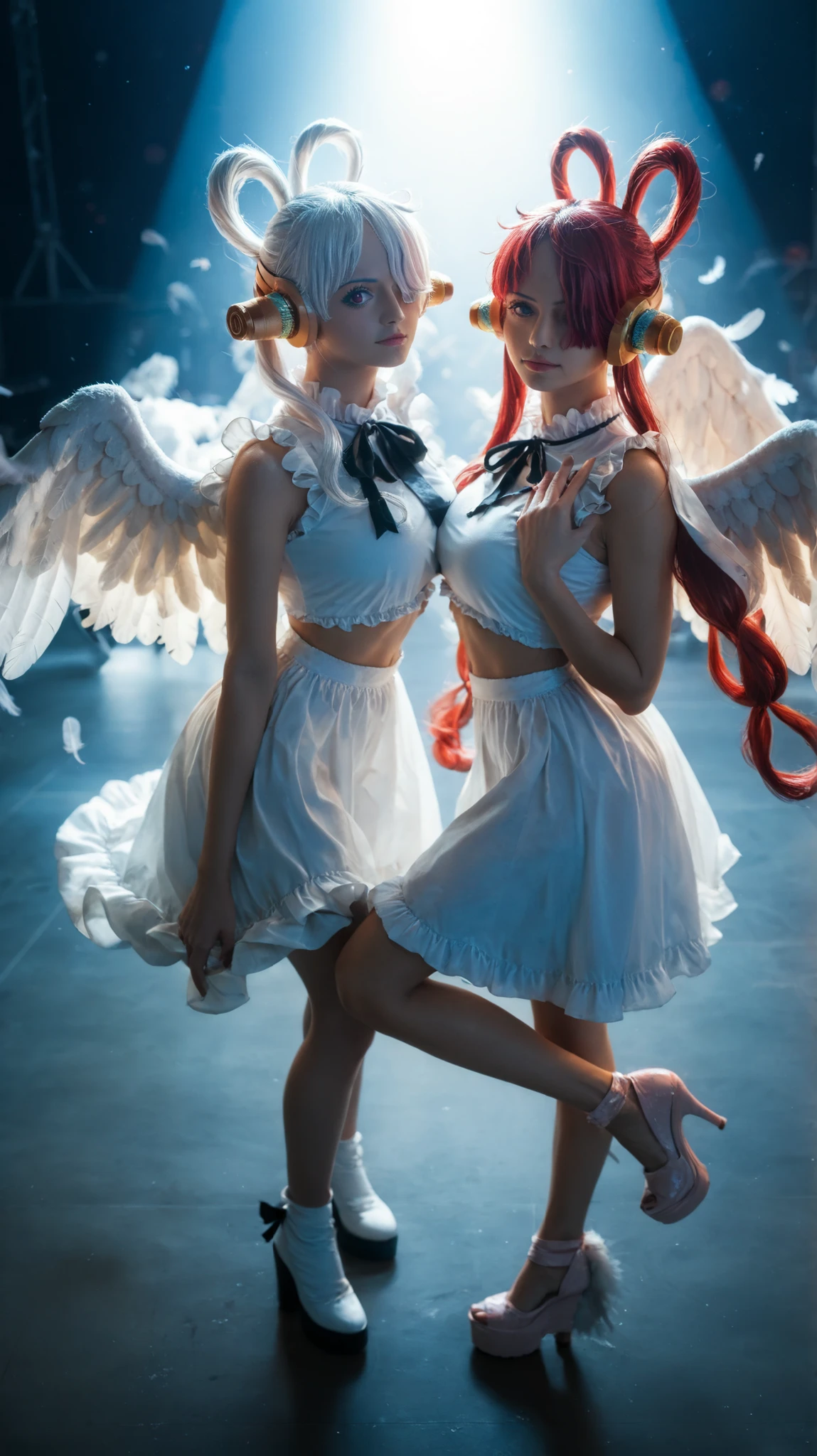 Top quality, masterpiece, a girl, Uta from One Piece, on a concert stage at night, serious and sexy expression, one hand raised above her head, the other hand covering one eye in a dynamic V shape, long pigtails with half red half white hair, golden headphones, one eye covered by bangs, glowing purple eyes, wearing a white angelic dress with ruffled shoulders, black ribbon bow, dark gloves and large white feather wings, standing confidently, backlit with bright red neon runes, magical symbols floating around, atmospheric fog, high contrast lighting, anime style, dramatic shadows, spotlight from above, cinematic mood, full body, strong focus on hands, wings and face, double wing color (red and white), Asian, cute, beautiful, (21 years old), double hair, red hair, white hair, half red hair half white hair, toned stomach,