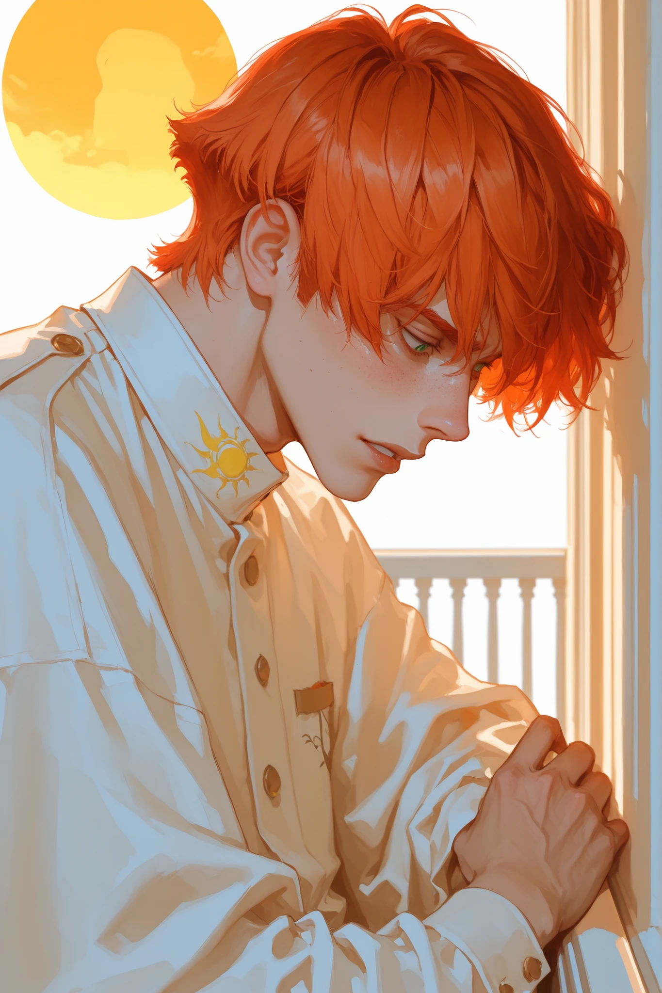 Solo man, in red and white period clothing, Short hair for men, Red-haired, Orange hair, emerald eyes, freckles on his face, soft hair on his upper lip, short hair, dominant expression, autumn mood, yellow sun, On an old balcony, 1500s, strong, masculine, masculine hair, man, Men's haircut, strong sun, shadows, zoom in on the face, look down, face down