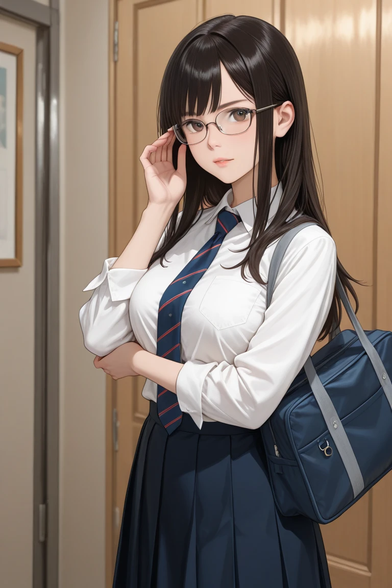 17Year old schoolgirl High school girl in black high socks Japan puffed out cheeks Fume Lack of eye strength The skirt is ironed The shirt is ironed The tie is about to come off plaid skirts Glasses Twin Tail
