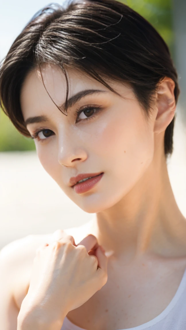 Close up portrait of a beautiful face Japanese girls on ‘volcano’ still from the film, ((solo)), (Anne Hathaway look alike face: 1.1), Leica SL3, Summicron-SL 75 f/2 ASPH, kodak gold 200 film, bare shoulder, dynamic action pose,