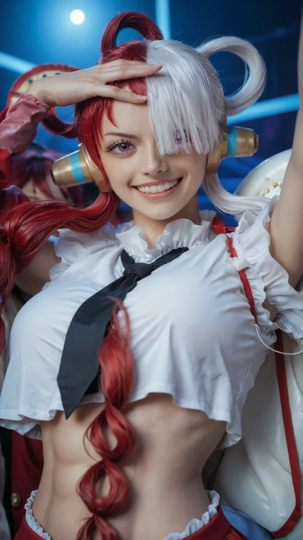 Top quality, masterpiece, a girl, Uta from One Piece, on a concert stage at night, serious and sexy expression, one hand raised above her head, the other hand covering one eye in a dynamic V shape, long pigtails with half red half white hair, golden earphones, one eye covered by bangs, bright purple eyes, short hair, school uniform, looking at viewer, smile, bob cut, seraph of the end, bangs, (red theme:0.6), , Asian, cute, beautiful, (21 years old), double hair, red hair, white hair, half red hair half white hair, toned stomach,, Asian, cute, beautiful, (21 years old), double hair, red hair, white hair, half red hair half white hair, toned stomach,