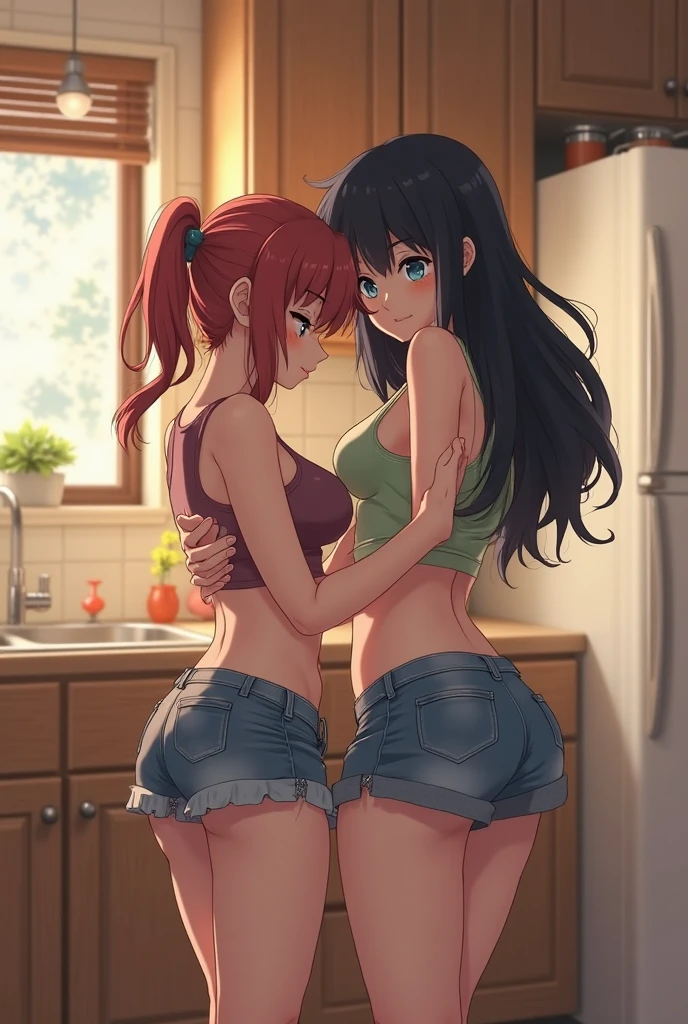 masterpiece, best quality, (realistic), 1girl, solo, mature female, milf, motherly, forehead, older, 53yo, huge breasts, narrow waist, wide hips, curvy, wide hips, (straight hair, long hair, high ponytail, dark hair, dark eyes, black t-shirt, cleavage, short sleeves, jeans, denim), standing, hands on hips, looking at viewer, smile, kitchen