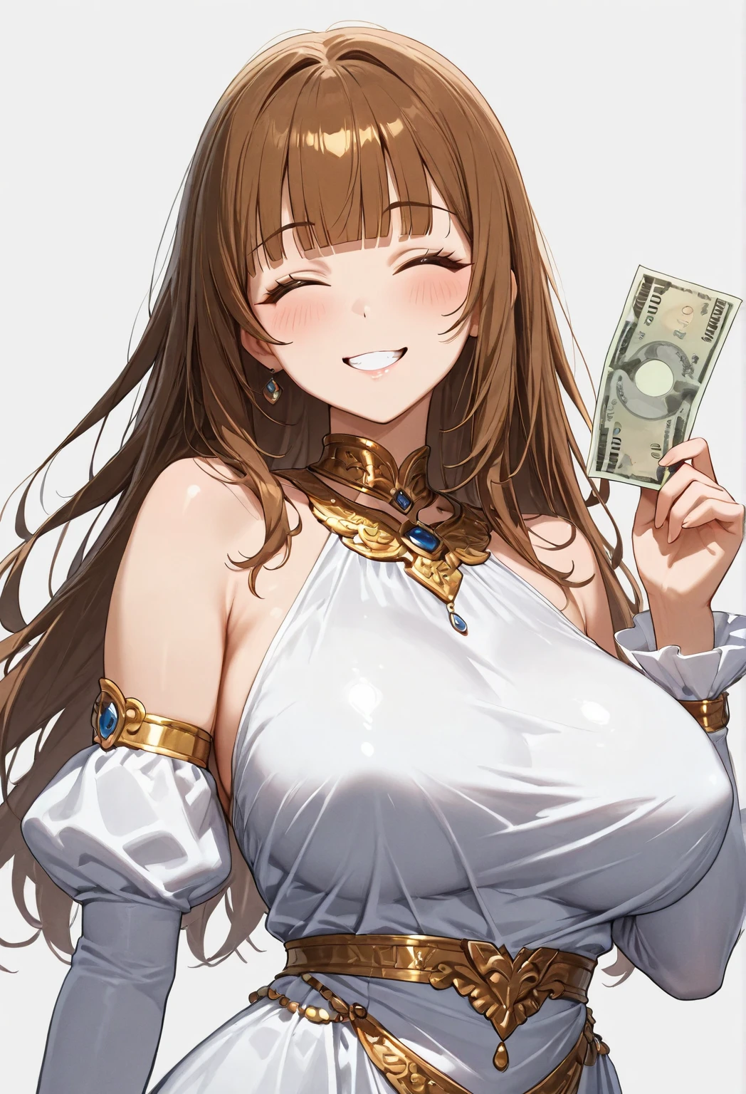 Young black-haired female CEO, gentle smile,(huge bust:1.5),The background is a securities company with many employees.、Rich woman、Scattered gold coins、Flying dollar bills、