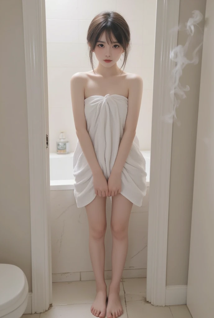ulzzang-6500-v1.1, (RAW photo:1.2), (Photoreal), beautiful details, (genuine: 1.4), very detailed目と顔, beautiful and fine eyes, (Body Towel , woman wrapped in a towel)、standing in the bathroom、huge file size, High resolution, very detailed, highest quality, [masterpiece:1.6], enlightenment, very detailed, nffsw, finely, highest quality, 8k wallpaper, movie lighting, 1 milf, 43 years old, perfect body shape, cute droopy eyes beautiful big eyes、((muste piece)), highest quality, 1 milf, eye shadow, portrait, (((full body shot:1.3)))、((very affectionate smile:1.2))、(very long legs:1.3), (elegant brown hair:1.4)),((Short hairstyle:1.4)), 