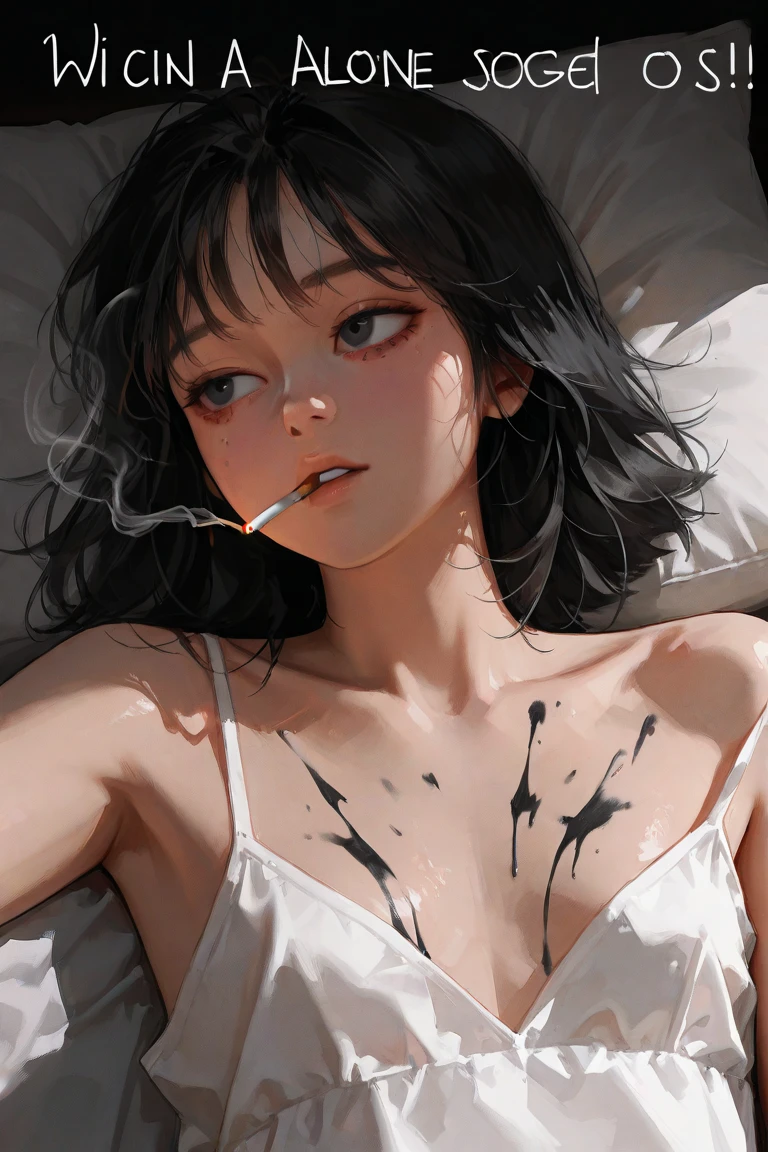 a girl lying on her back, small breasts, on the bed, piercings, pain, agony, teenager, high school girl, pigtails, rapidly smoking cigarettes, sucking very hard on cigarette, deeply inhaling, the cigarette ash is growing very long, the cigarette ash is very long, SMOKE IN MOUTH, lots of cigarette ash