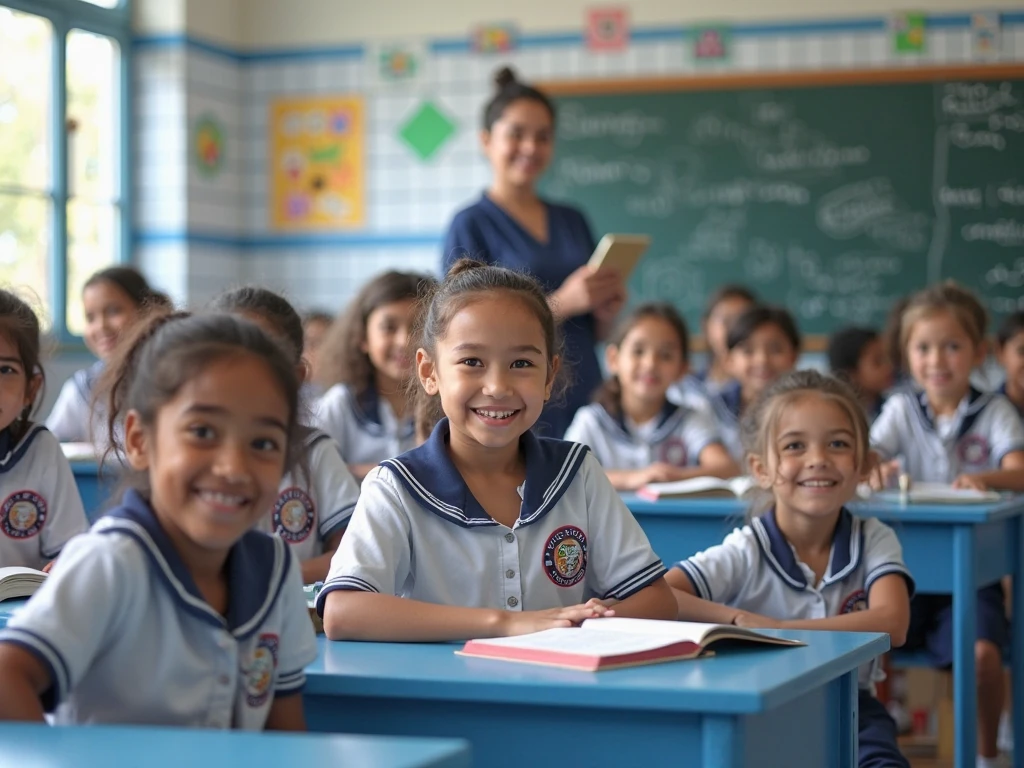 Children from to 8 yin a classroom receiving English classes, that all the children are focused and smiling