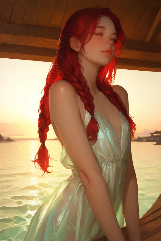 (highres, best quality:1.2), (realistic:1.37), portrait, red-haired woman, sunlight, flowing hair, serene expression, ethereal atmosphere, vibrant colors, warm tones, soft shadows, subtle highlights, gentle breeze, graceful pose, natural background, bokeh