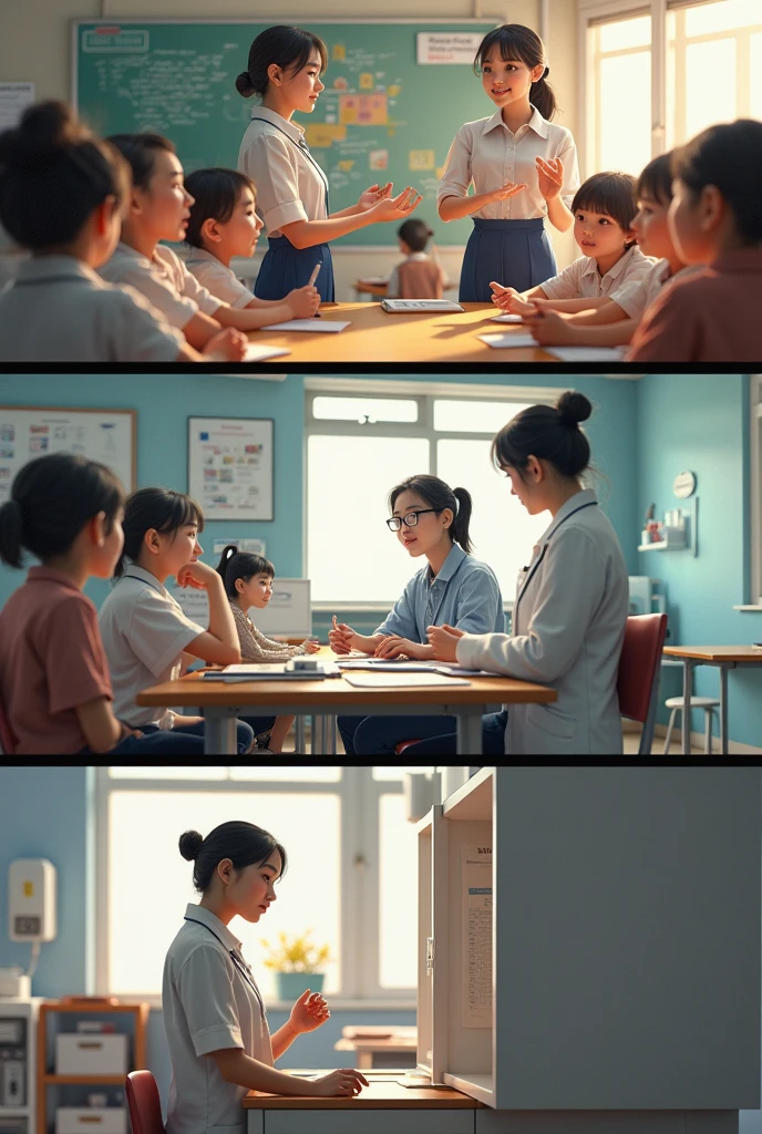 a Japanese boy with MEDIUM long hair wearing a black Nike t-shirt and very baggy white pants and white Vans sneakers, being cursed by the math teacher in class