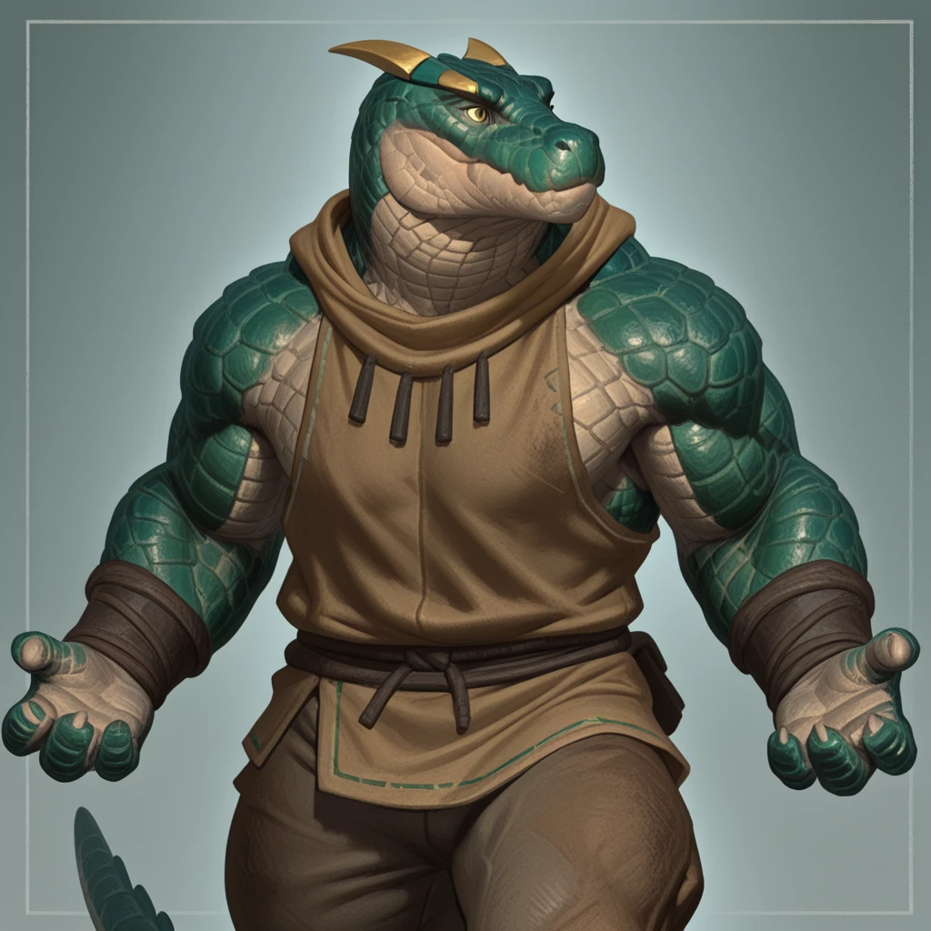 Anthro male komodo dragon, kroxigor, yellow eyes, dark green scales, muscular man, bara, wide shoulders, solo, 1man, muscular thighs, muscly arms, bare shoulders, huge arms, dirty beige tunic, tattered brown pants, portrait, hopeful, pleading, looking away, face focus