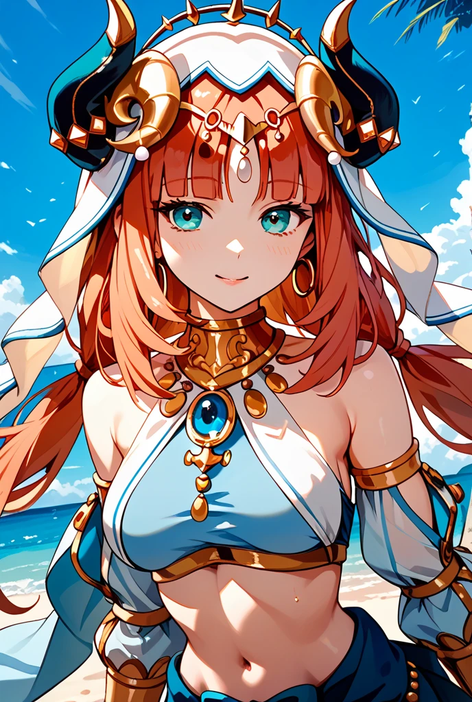 Nilou Genshin Impact game style,3D,naked,resting on stomach,horny,looking at viewer,smiling,on beach, front view 