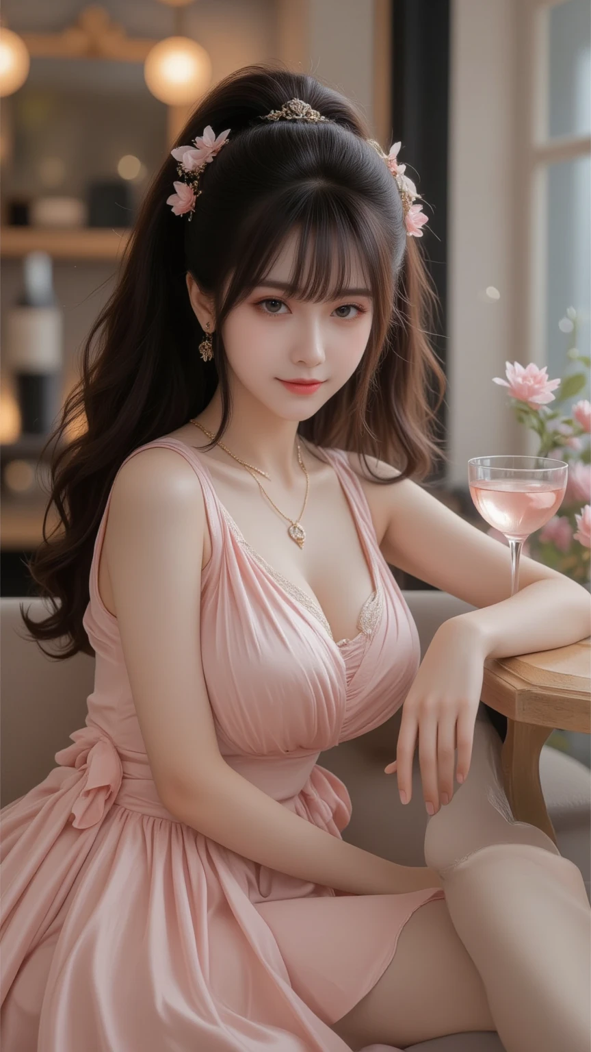 high-level image quality、Angle from below、newyork、a bar counter、Absolute area、maid clothes、a miniskirt、frills skirt、Stockings、Sexy breasts、Bold poses、Sticking out the buttocks、pink clothing、Blue eyes、Female sexy、newyork、seductiv、Slim waist、long slender legs、gorgeous maid、a necklace、A smile、Ren Hao、Colossal tits、sexy facial expression、耳Nipple Ring、