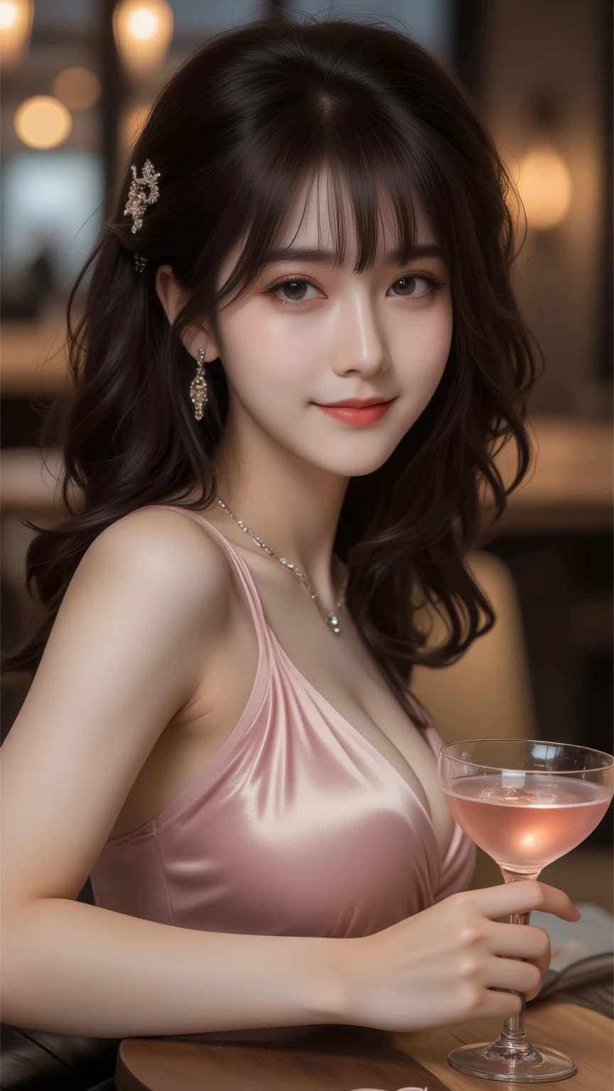(Masterpiece, BestQuality:1.3), (ultra detailed:1.2), (hyperrealistic:1.3), (RAW photo:1.2),High detail RAW color photo, professional photograph, (Photorealistic:1.4), (realistic:1.4), ,professional lighting, (japanese), beautiful face, (realistic face), cute woman, (Brown Hair, Big Breasts:1.5), (Smile:1.7), Trending Hair&Trending Hairカラーをランダムに, earrings, necklace, bracelet, sexly, erotic sexly, Random sexy gravure poses, Walking, (((Sexy beauty in a green silk dress、Holding a wine glass in a fancy restaurant、Straight black hair、Smiling、Elbows on the table。:1.2), Beautiful location, (Detailed Background):1.2))