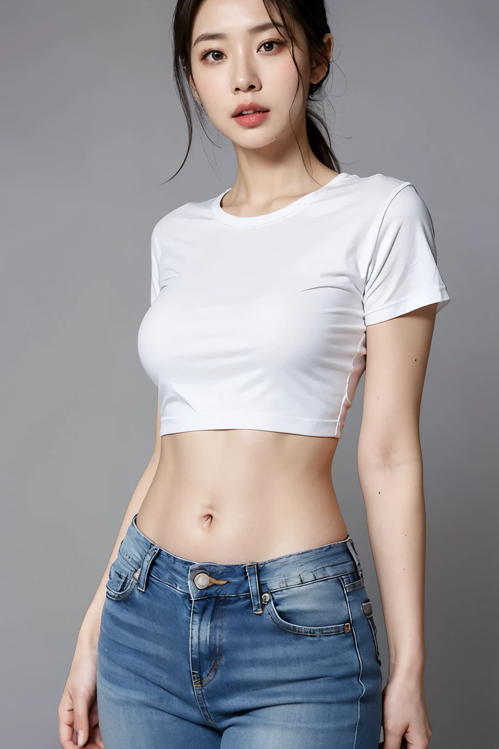 Skinny, pitite, 16 year old girl, heavy rain, tight white cropped t-shirt, short shorts, NSFW, soaked clothes, blonde ponytail hairstyle,  cold day, erect nipples