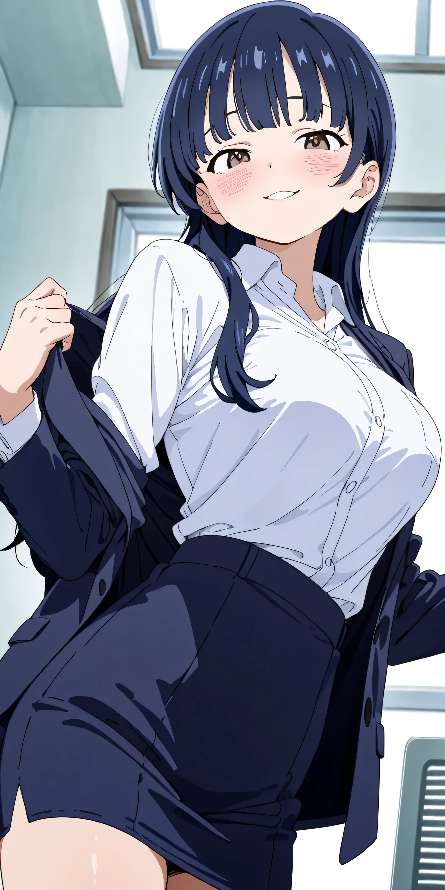 1girl, Yamada_Anna, business suits naughty smile, solo, blush, long hair, dark blue hair, middle breasts, bangs, parted lips, detailed skin texture, cowboy shot
