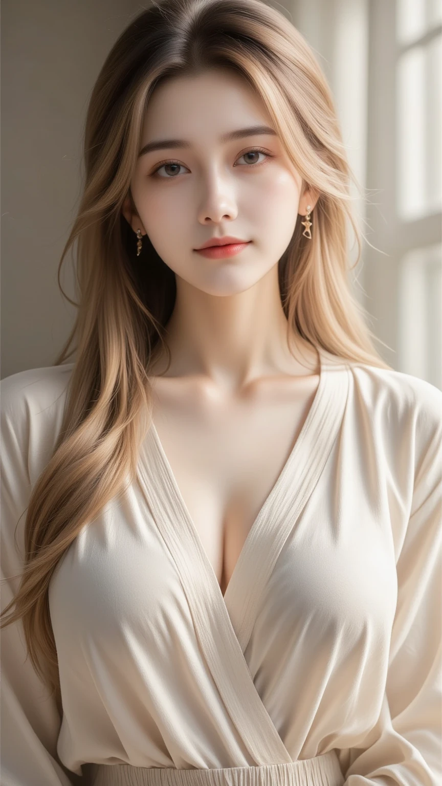 8k, Top image quality、Raw photography、超A high resolution、1 pretty girl, 18-year-old, Korean、Glasses beauty、Colossal tits:1.3、cleavage of the breast:1.3 、(transparent)、open shirt show   , ((naked)), (detailed  clothing), (detailed ), fair white skin、shiny white skin、(wavy blonde hair)、dark brown hair、dark brown hair、Beautiful eyes with random colors、very thin lips, finely detail、elongated eyes、pale pink blush、long eyeslashes、Beautiful double eyelids、eyeshadows、耳Nipple Ring、Company Office、Lighting that emphasizes beautiful skin、Lustrous skin