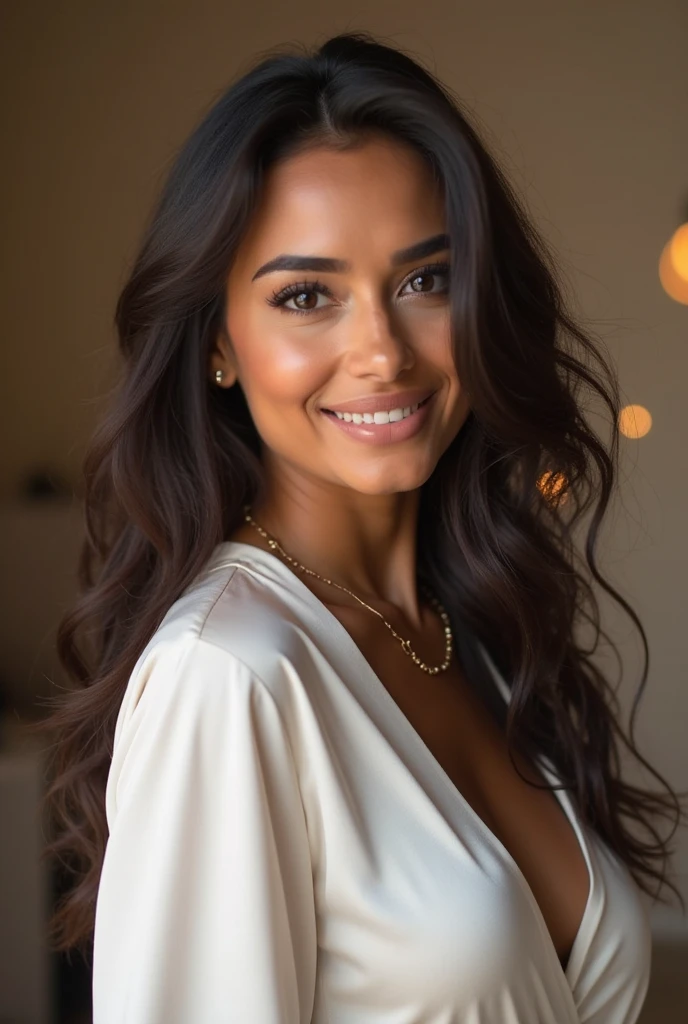 26 year old Latina glamor model, detailed eyes, eyelashes, forehead, long wavy hair, brown hair, looking at viewer, smile, full face only