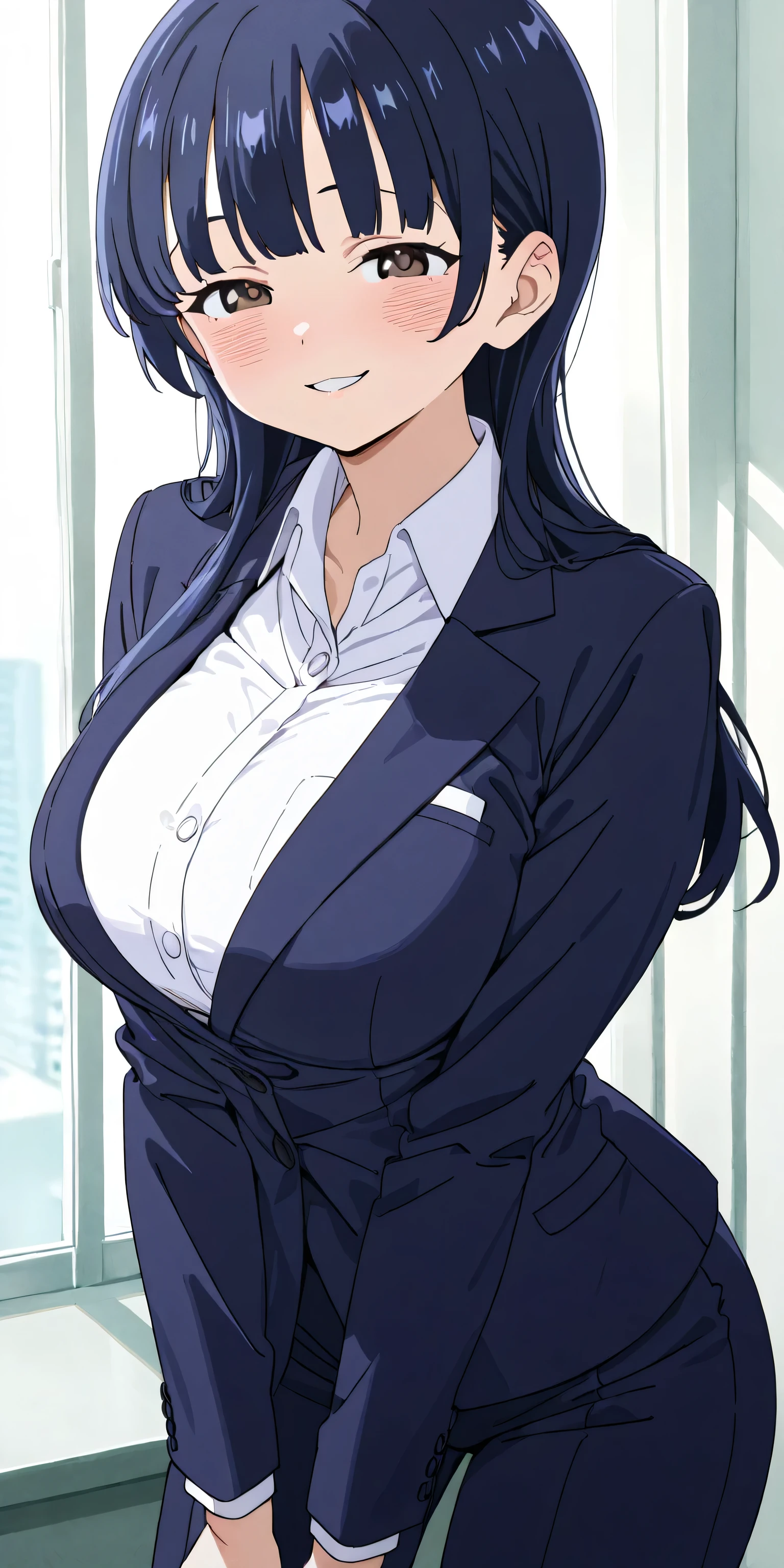 1girl, Yamada_Anna, business suits naughty smile, solo, blush, long hair, dark blue hair, large breasts, bangs, parted lips, detailed skin texture, cowboy shot