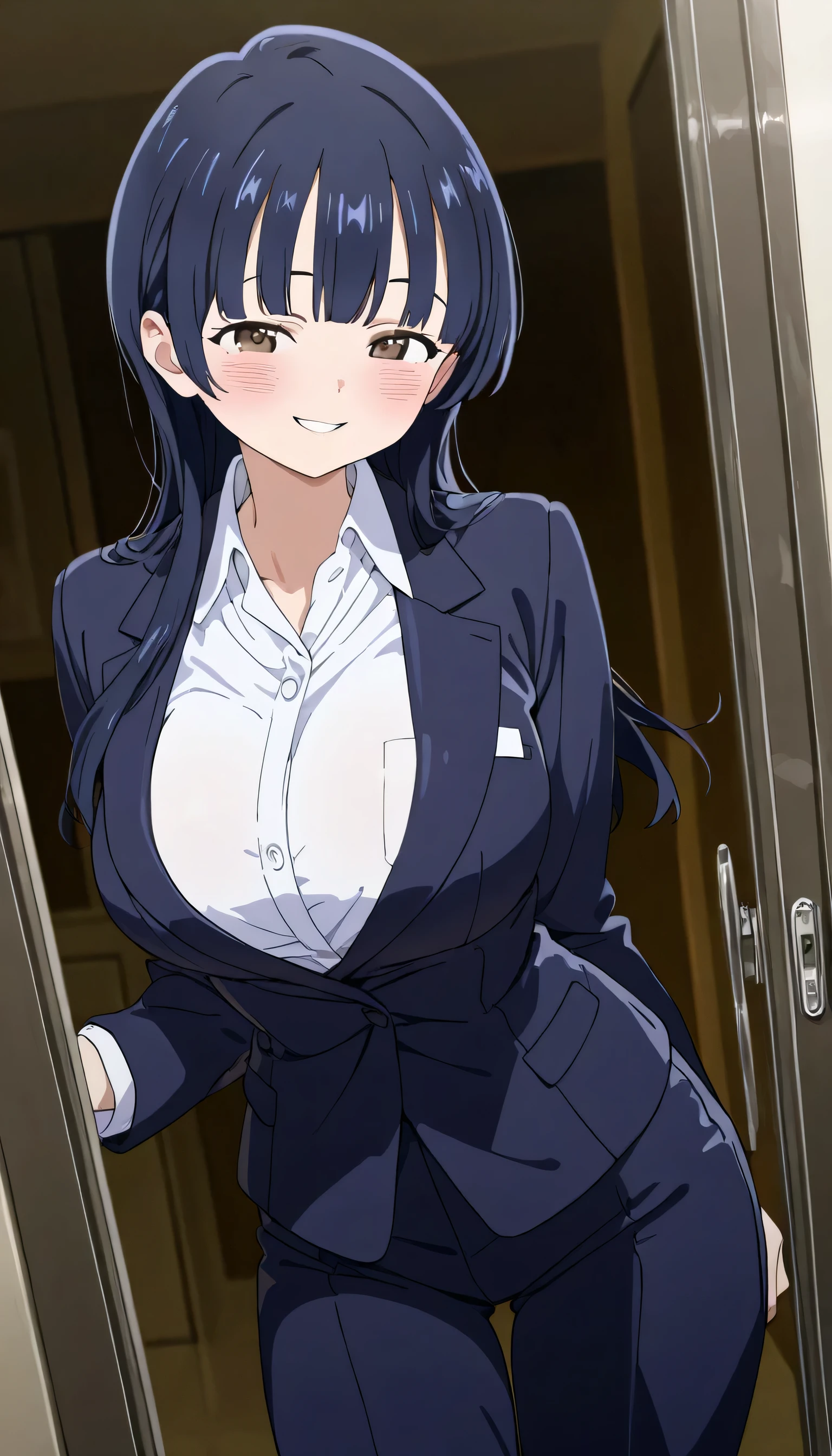 1girl, Yamada_Anna, business suits naughty smile, solo, blush, long hair, dark blue hair, large breasts, bangs, parted lips, detailed skin texture, cowboy shot