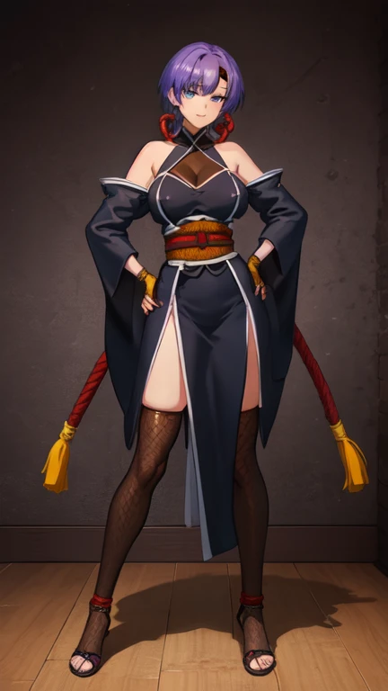 Here is a detailed description of the character's appearance based on the image provided:

- **Head:**
  - Hair styled in two large, twisted buns with long, pointed ends, adorned with small, decorative accessories.
  - Dark hair color, likely black.
  - Expressive eyes with defined eyelashes, set in a confident and intense gaze.
  - A small, mischievous smile with full lips.
  - Light skin tone.
  - Wearing minimal makeup, emphasizing the natural features.

- **Upper Body:**
  - A revealing, high-collared, sleeveless top with intricate designs and patterns in pink and black.
  - The top exposes the midriff, highlighting toned abdominal muscles.
  - The top has long, detached sleeves covering the forearms, with matching color and design as the top.
  - Black gloves or hand wraps covering the hands.
  - The outfit is detailed with straps, buckles, and a high-tech aesthetic.

- **Lower Body:**
  - Loose-fitting, baggy pants with a silky texture, primarily light gray with pink and black accents.
  - The pants are gathered at the ankles, creating a puffed effect.
  - A long, flowing ribbon or belt in pink, extending from the waist, adding a dynamic element to the outfit.
  - The pants have a high waistline, secured with a belt or sash.

- **Feet:**
  - Barefoot, with visible toes, suggesting a martial arts-inspired design.
  - The stance is active, with one foot off the ground, as if mid-kick.

- **Overall Appearance:**
  - The character exudes confidence, strength, and agility, captured in a dynamic martial arts pose.
  - The combination of the revealing outfit, bold color choices, and decorative elements suggests a character that is both powerful and stylish.
  - The design is heavily influenced by martial arts aesthetics, with an emphasis on movement and action.

One girl, solo, Large Breasts, Simple Background, 