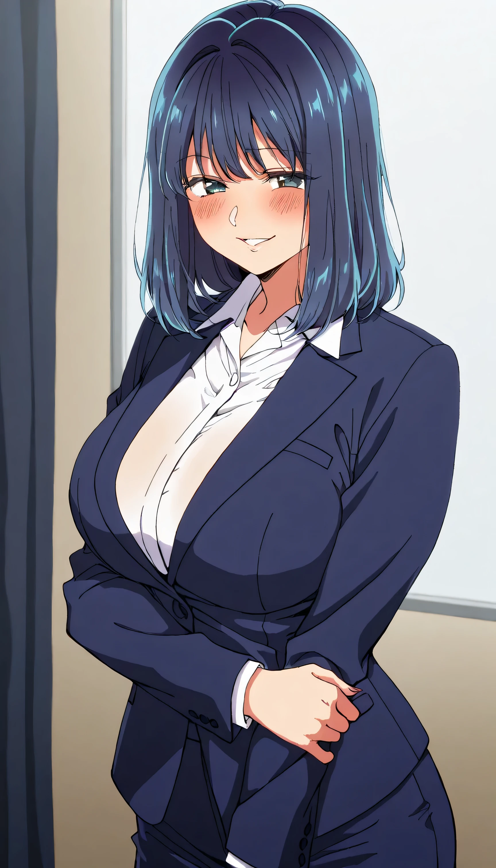 1girl, Akane Kurokawa, business suits naughty smile, solo, blush, blue hair, medium hair, dark blue hair, large breasts, bangs, parted lips, detailed skin texture, cowboy shot