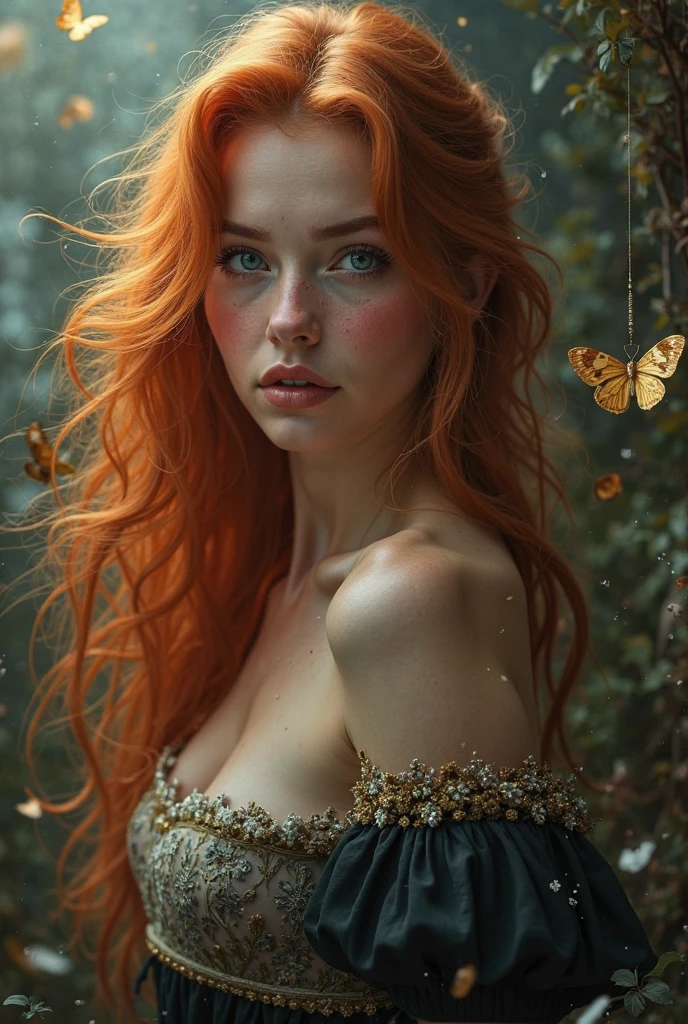 (Alone, Full body photo:1.3), (action packed:1.3), (Hoar, fog, fog:1.3), chiaroscuro, Best Quality, photorealistic, 1 woman, (Beautiful), (24 years:1.2), redhead, Cabello largo redhead muy detallado, 1700s DECADE, digital photography, art by artgerm and ruan jia and greg rutkowski surreal painting golden butterfly filigree, broken glass, (masterpiece, side lighting, finely detailed fashionable eyes: 1.2) (large eyes, oval and perfect looking at the viewer.), beautiful detailed face, beautiful perfect blue eyes, unclothed(blonde hair ponytail), (attractive young woman:1.3), (incredibly thick hair), (seductive:1.1), (blush:1.1)