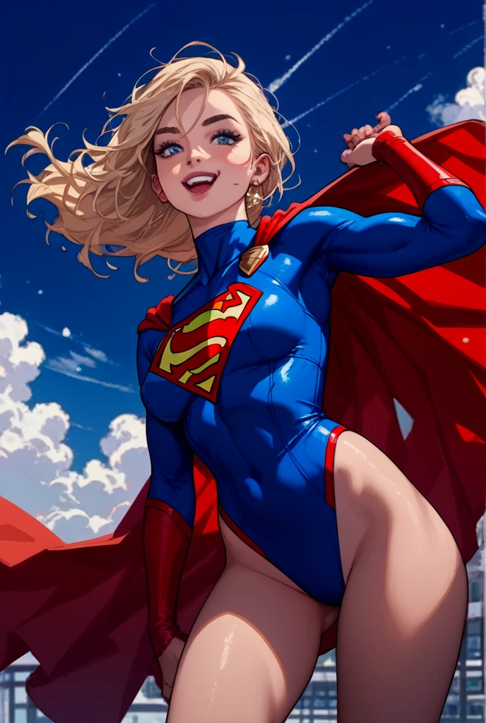 masterpiece, 4K, 8k, high quality, Very detailed, Detailed face, High resolution, Vibrant colors, Natural light, Best Shadow, Shallow depth of field, Portraiture (Supergirl:1.1) , smile, Blue leotard, Red Cape, red boots with heels, Grey Hair，delicate, Captivating blue eyes, Nice medium sized breasts, , (Superman symbol on chest:1.2), , blue sky, sunlight, cloud, sun, bloom,