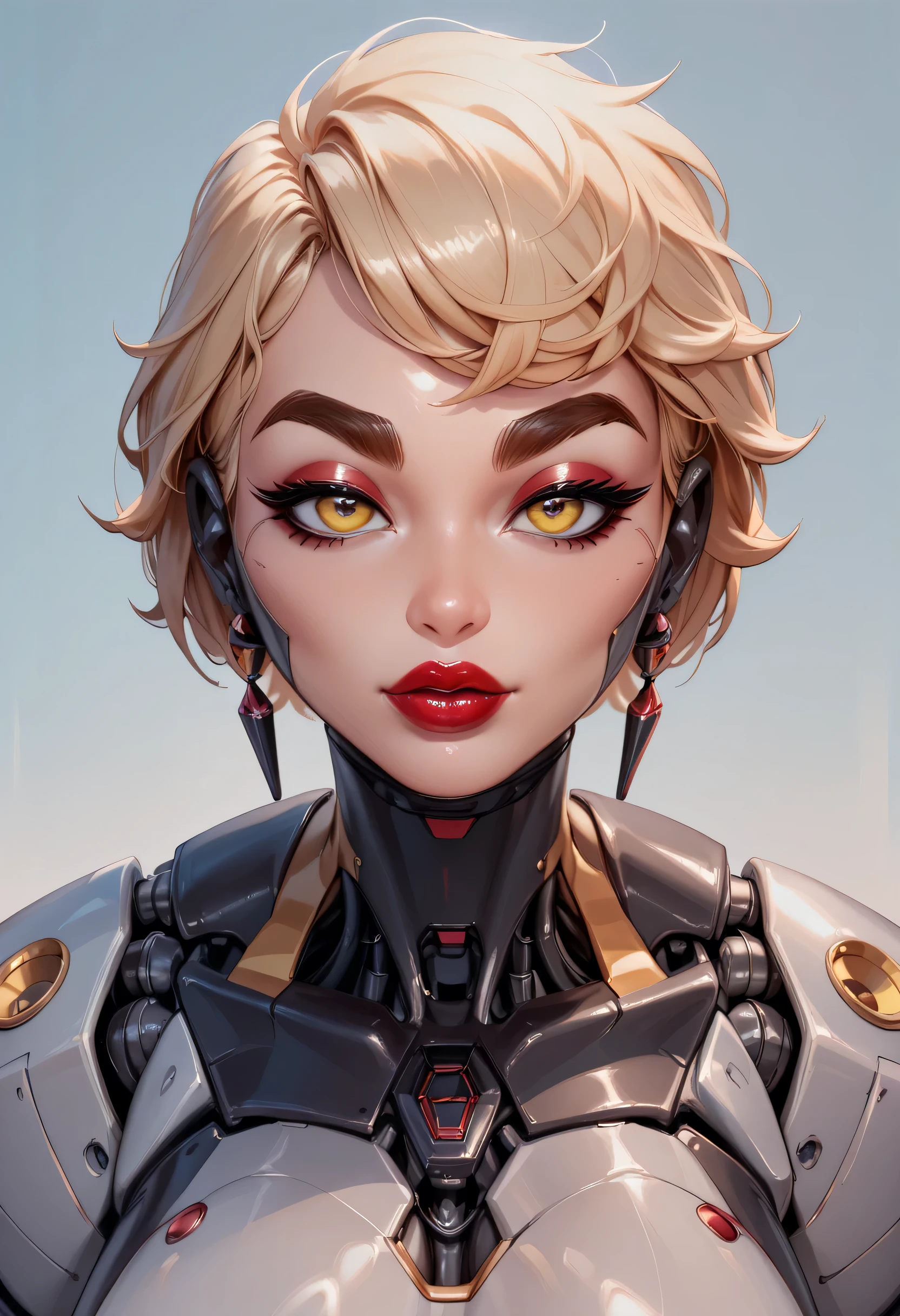 (Perfect Face), (Black Medium Hair), (Black Thick Eyebrows), (Big Bionic Yellow Eyes), (Red Thick Lipstick), (Female Robot), (Beautiful Woman), Looking At Viewer