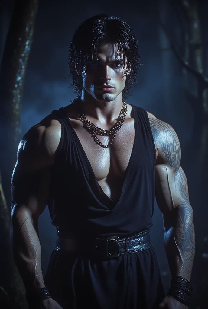 Photo-realistic, ((best quality)), ((masterpiece)), (detailed), shirtless, masculine portrait of young personification of death, 18-year-old male models, portraying death, death as a guy, handsome, tall, cute looking, evil look, dark look, powerful, young male, handsome model, clean shave, blue eyes. (short curly messy brown hair:1.2), messy curly hair, super strong, muscular, fit, massive muscles, six pack, shirtless, bare-chested, muscle, ripped, strong body, fit body, (dark evil black death:1.4), small skirt, ( draped cloth skirt), death in the background, Dark background, old world, (black mist background:1.4), 8k, high detailed, ultra-detailed, Stylish Pose, real skin texture, dark cinematic light