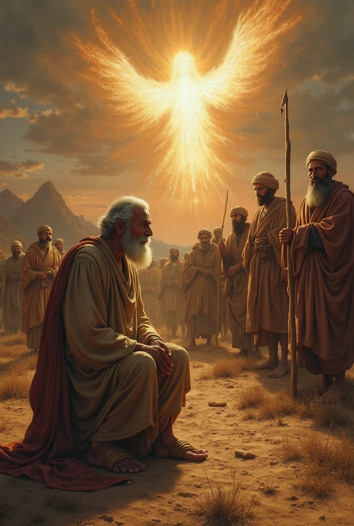 "Create an image of Job in prayer, kneeling with hands raised or clasped, while praying for his three friends, Eliphaz, Formed by Zofar, who are standing around you, with expressions of humility and repentance. The scenery is simple and peaceful, with a soft light illuminating Job, symbolizing God's grace and forgiveness."
" man with shaved head and white beard