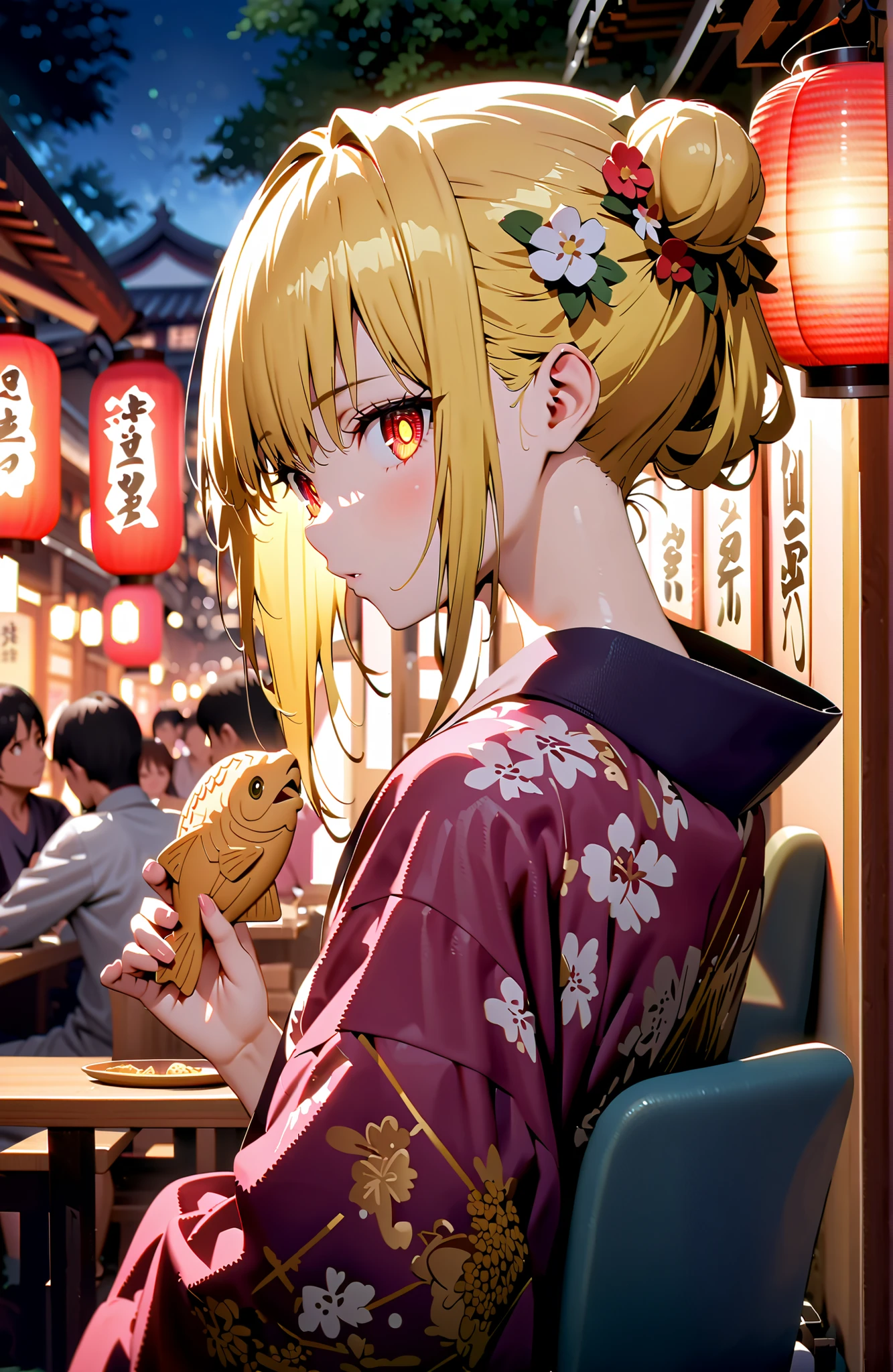 toloverudarkness, darkness, yellow hair, red eyes sitting on toilet seat,side lock,bun hair,Nape,flower hair ornament,Yellow flower pattern kimono ,standing,Holding a taiyaki in one hand,Light up fireworks,Japanese stalls ,night,Red Lantern,crowd,full bodyがillustrationsに入るように,break outdoors, Japanese Festival ,
break looking at viewer,full body,
break (masterpiece:1.2), top quality, high resolution, Unity 8k 壁紙, (illustrations:0.8), (beautiful detailed eyes:1.6), Highly Detailed Faces, perfect lighting on the table, extremely detailed CG, (perfect hand, perfect anatomy),