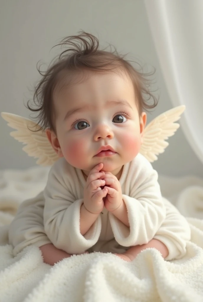 A cute baby boy with white wings and sparkling lights on the background