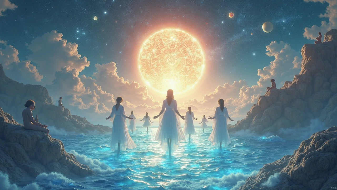  Please create a very hypnotic image where a guy  is playing dj on moon with big speakers and the lot of aliens are dancing around him  and please show his soul  release from his body and soul try to going with moon 

