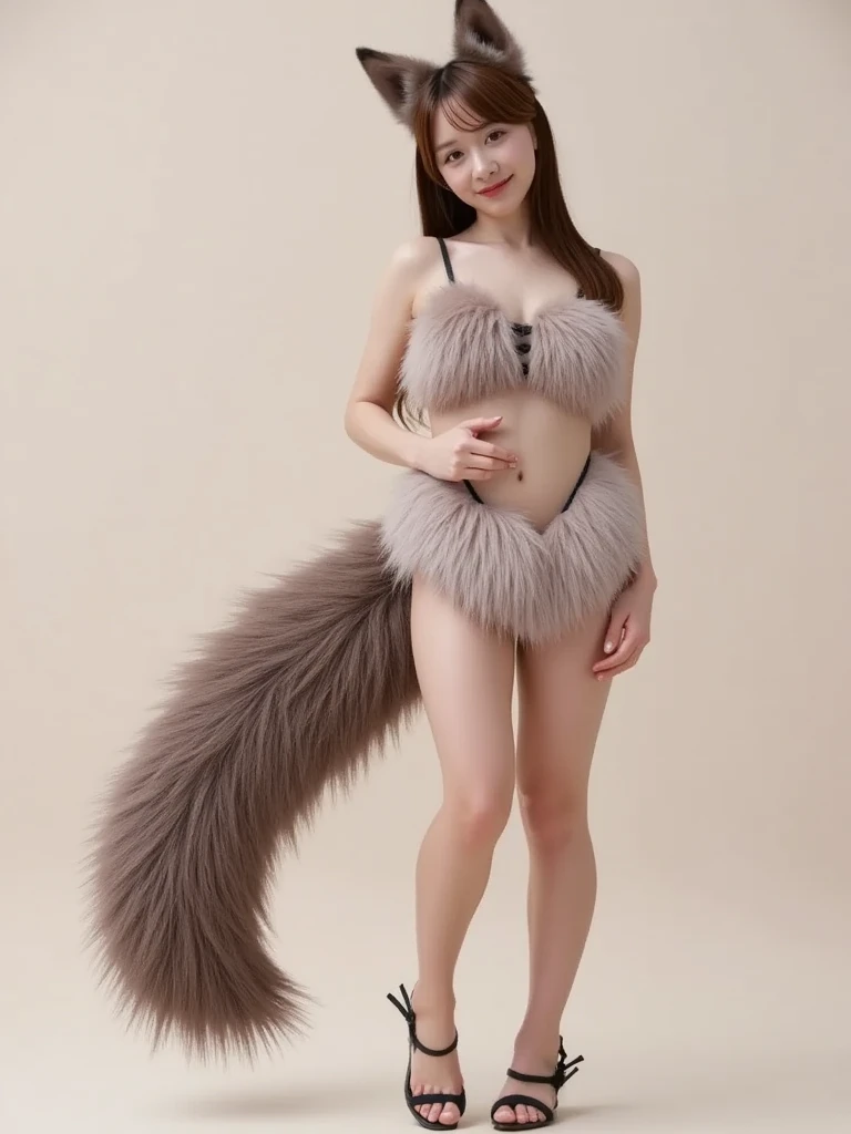 ((highest quality)), ((masterpiece)), (get used to it), perfect face, fox woman, Beautiful woman, public, There is a tail, she has a fluffy tail, she has a fox tail, she shows her tail, smile, collar and leash, She wears a sexy bikini, beautiful hips, big breasts, Big tail, tail, Walking on all fours