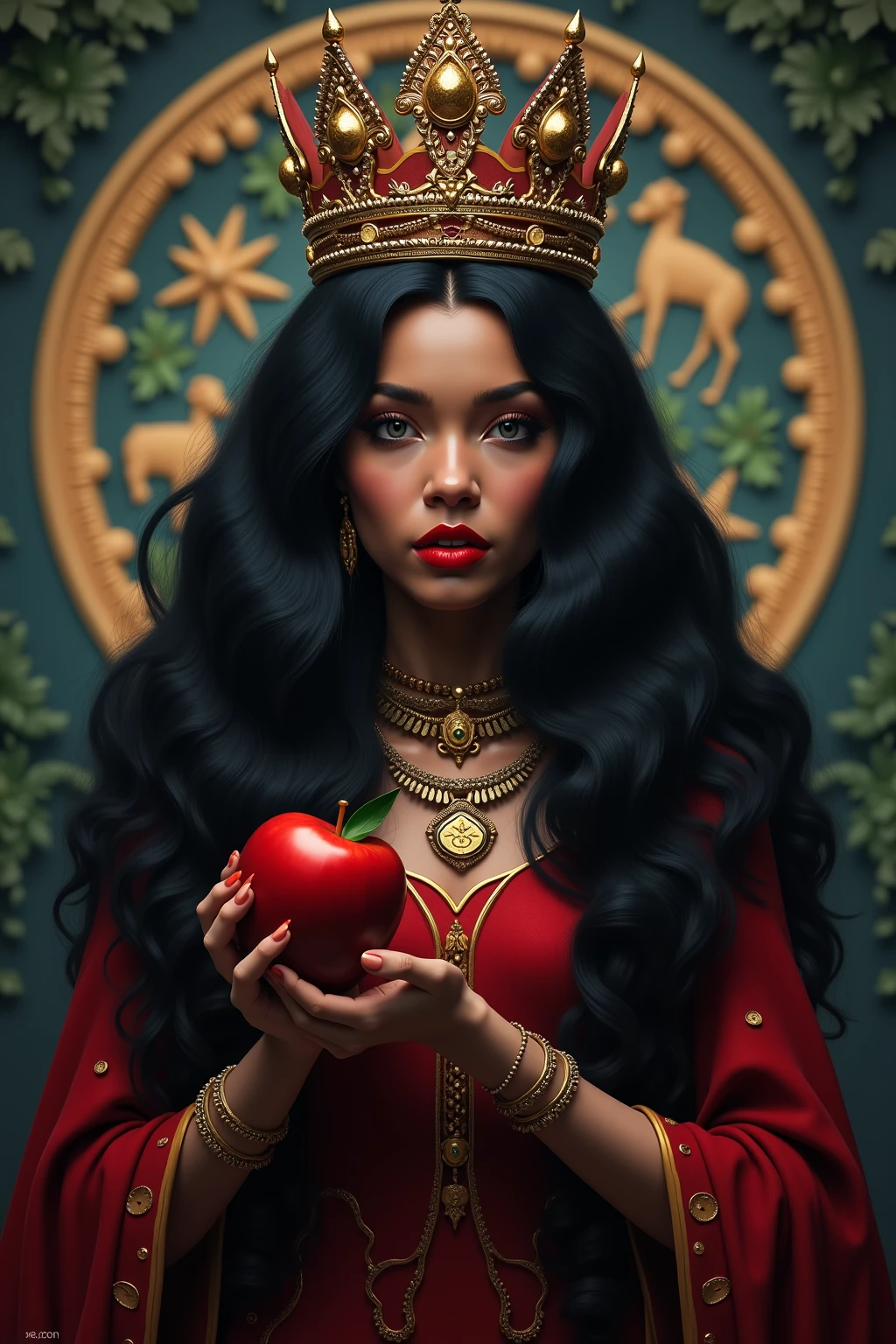 A dark and beautiful woman with long black hair, dressed as a witch queen with intricate accessories, holding a poisonous red apple, (best quality,4k,8k,highres,masterpiece:1.2),ultra-detailed,(realistic,photorealistic,photo-realistic:1.37),detailed eyes,detailed lips,extremely detailed face,longeyelashes,dark fantasy,gothic,dramatic lighting,dramatic pose,chiaroscuro,rich colors,deep red,deep purple,black and red