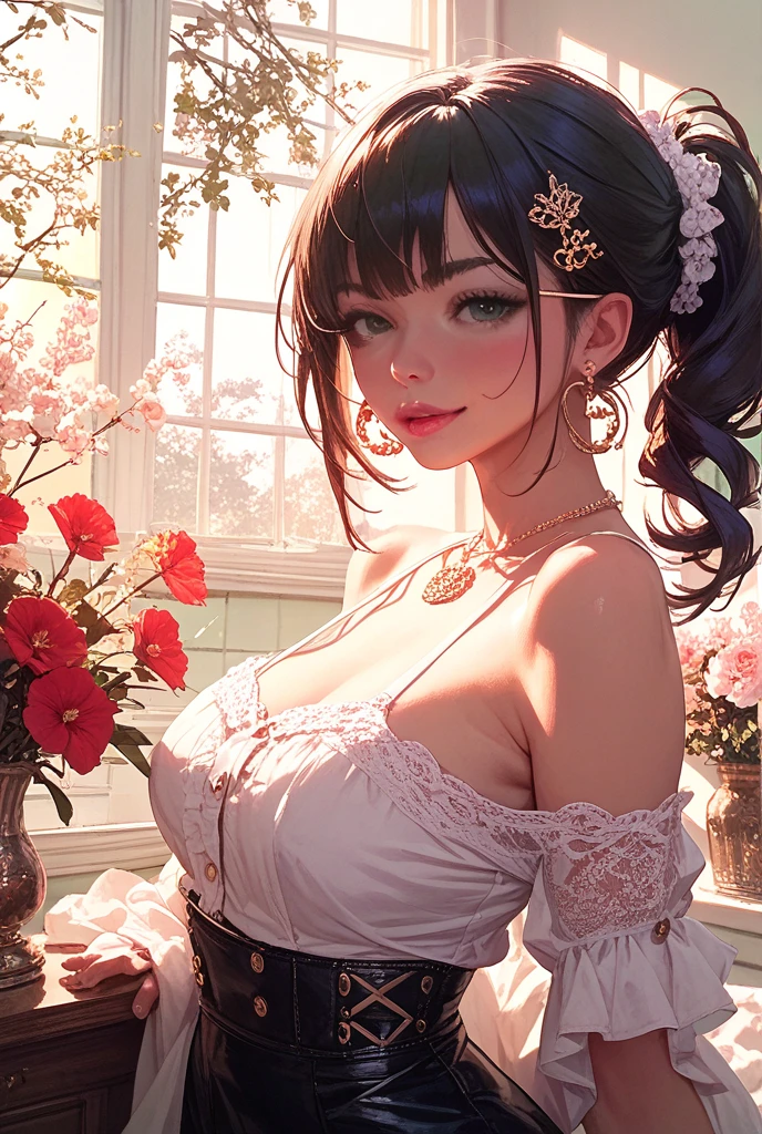 (from above:1.2),(from side:0.9), ((Face)), (Close-Up:0.4), ((looking at viewer, holding a bouquet to his mouth)), highest quality、(real、photorealistic:1.4)、(RAW photo:1.2)、very detailed CG unity 8k wallpaper, delicate and beautiful, wonderful, Fine detail, official art, huge file size, Ultra-detailed, very detailed girl, very detailed eyes and face, Bright on the face、(20 age girl:1.0)、small smile, smiling, (twintail hair:1.25), hair between eyes, hair twintails, (long hair:1.25), tiara,ruany,off-shoulder dress,pearl ,(gemstone),tiara,veil,wedding dress, wedding necklace, wedding long gloves, (luxurious bouquet), chapel, Stained glass,(best quality, highres, masterpiece:1.2), ultra-detailed, (realistic:1.37) illustration, erotic style, soft lighting, sweat glistening on her body, gentle warmth, mysterious, small breast,narrow waist,(with sparkling eyes and a contagious smile),her thin pubic hair, looking at viewer,