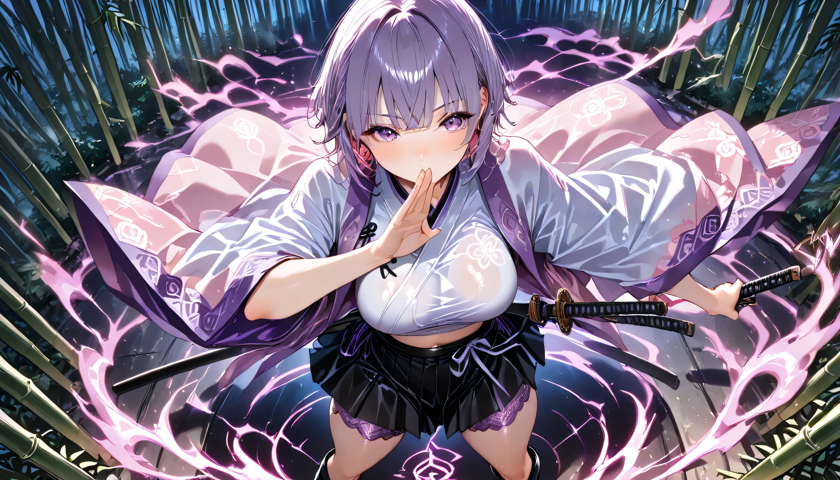 ((masterpiece, best quality, ultra detailed, high resolution, beautiful detailed face, beautiful detailed eyes, perfect hands, 4K)), (1 woman, solo), (big breasts), (black short hair, straight hair, hair bangs), (black color clothes:1.2, blush pink inner color Haori, purple white transparent shirt, midriff, black Hakama style mini skirt), platform boots, purple Lace lingerie shorts, (wind lift skirt), standing, Hold a katana in one hand and a sheath in the other, legs apart, looking at viewer:1.3, (Japanese brush and colored ink background), high angle, A young woman is drawn in a 3/4 view, facing slightly to the right. Her left eye is fully visible, while the right one is partially hidden due to the angle of her head. Her nose bridges slightly out from the center, and the mouth follows the curve of the jawline, subtly indicating the perspective. Dark bamboo forest, ancient Chinese weapons scattered on the ground – bloodstained sword, broken spear, cracked bow, bamboo leaves stained with blood, dim light reflecting on the blade with a subtle sparkle, gentle wind blowing through, bamboo leaves softly fluttering in slow motion, light mist and blue smoke drifting low across the scene, eerie silence, (((bouncy butt))). font view
