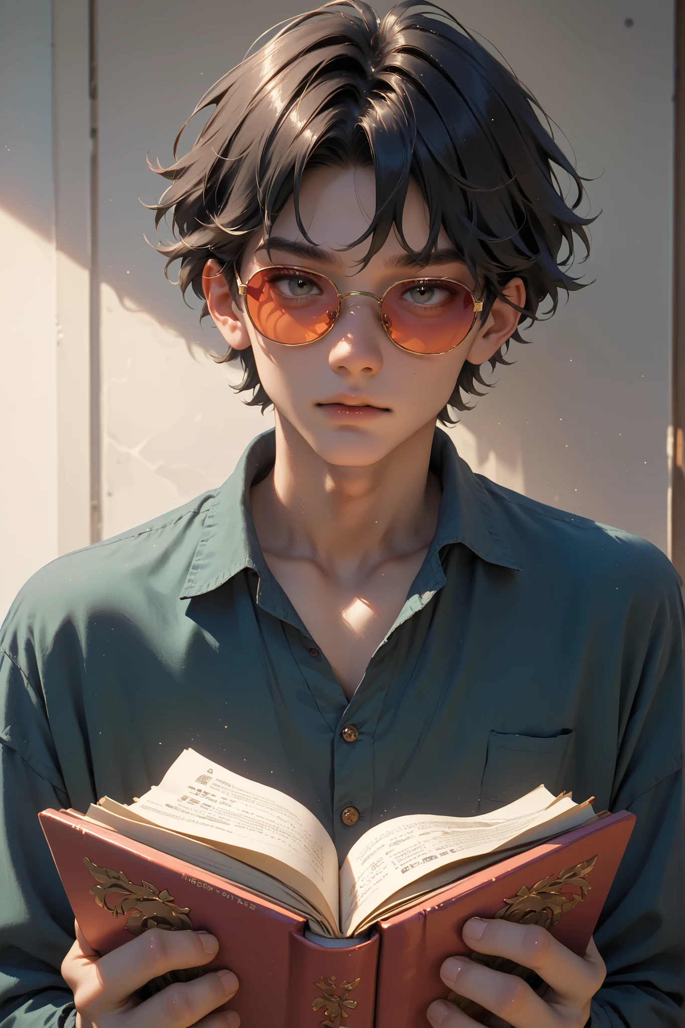 with hair　 male　black hair short hair　is sloppy　sunglasses　Hunchback　 Slim　Japanese　reading

