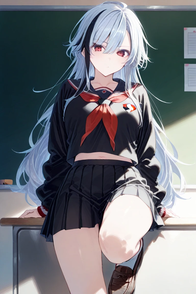one girl, different pose, Arrange pose,Top quality work, twin tails hair, Show Legs,(long white hair),(blue eyes), Rose cheeks, Pretty Face, A perfectly proportioned face, school classroom, round small breasts, Attractive, Look at the camera, cute pose